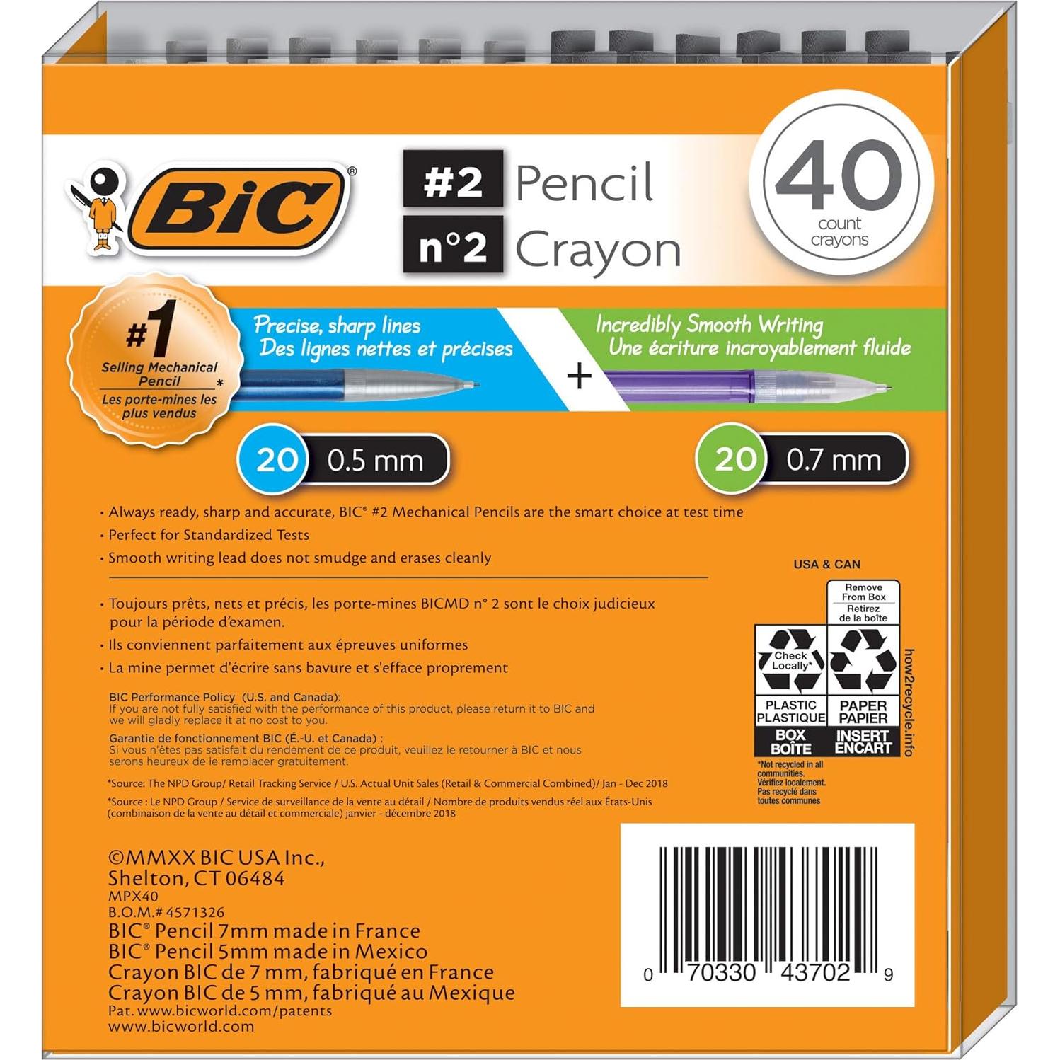 Lápiz Mecánico BIC #2 Paquete de 40 - 20x0.5mm y 20x0.7mm