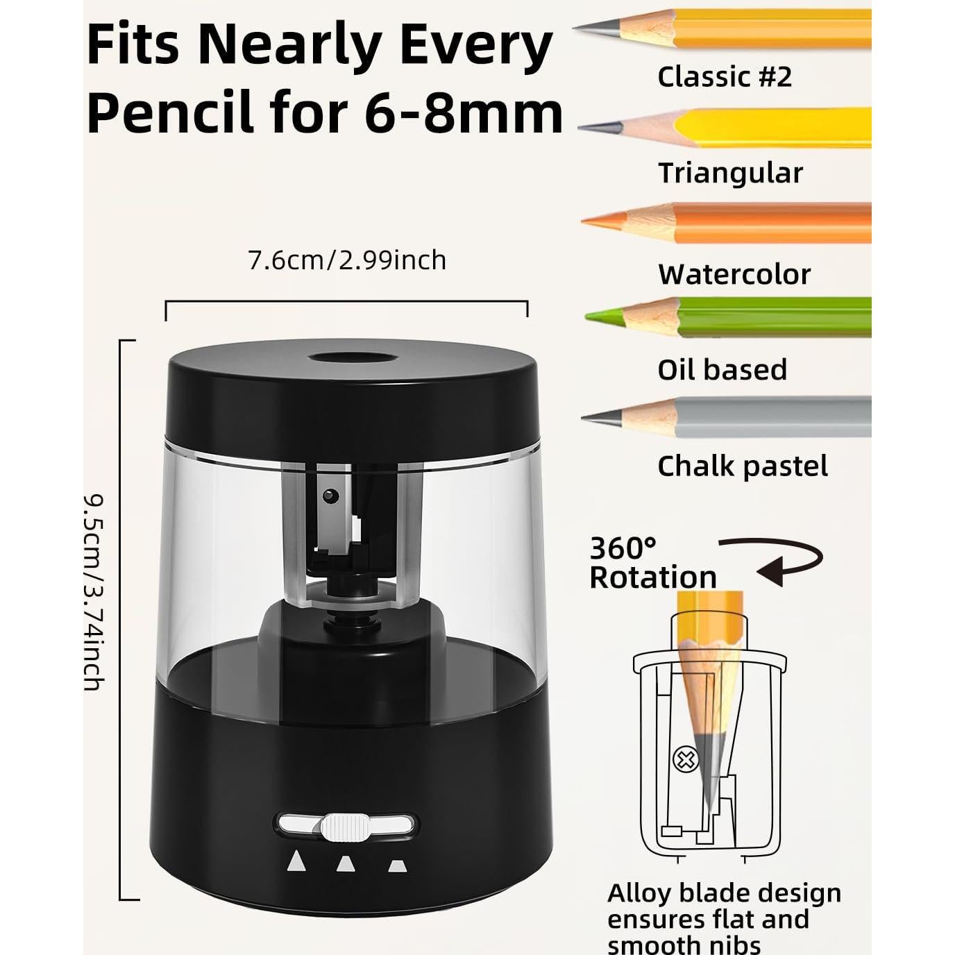 Afilador Eléctrico de Lápices ZMOL Negro 6-8mm Automático