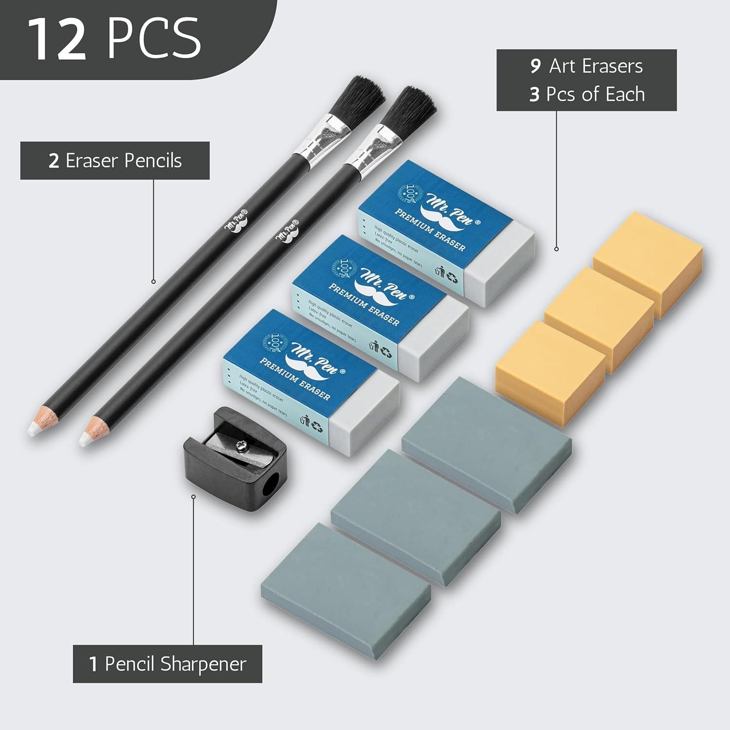 Conjunto de Gomas de Borrar Mr. Pen - 12 Piezas Variadas