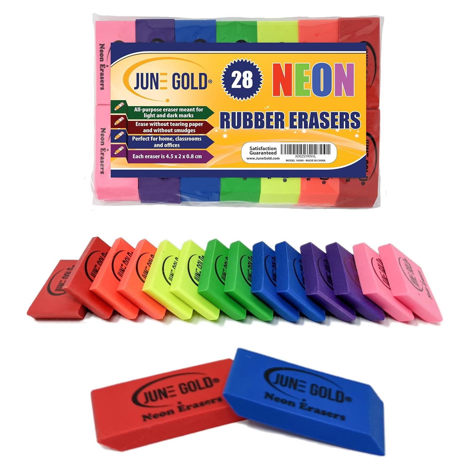 28 Gomas de Borrar Neón June Gold - Multiusos, 4.9x1.9 cm