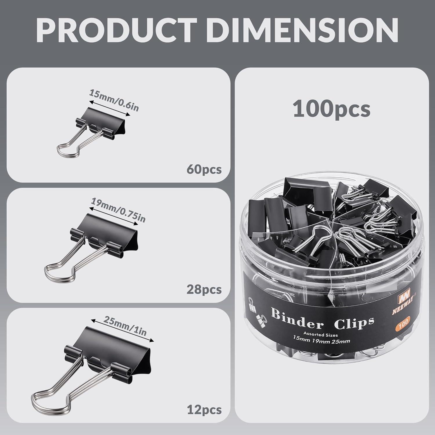 100 Clips de Carpeta NEEWAY Negros Tamaños Asortidos 1.5-2.5cm