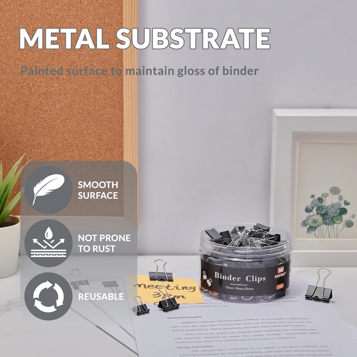 100 Clips de Carpeta NEEWAY Negros Tamaños Asortidos 1.5-2.5cm
