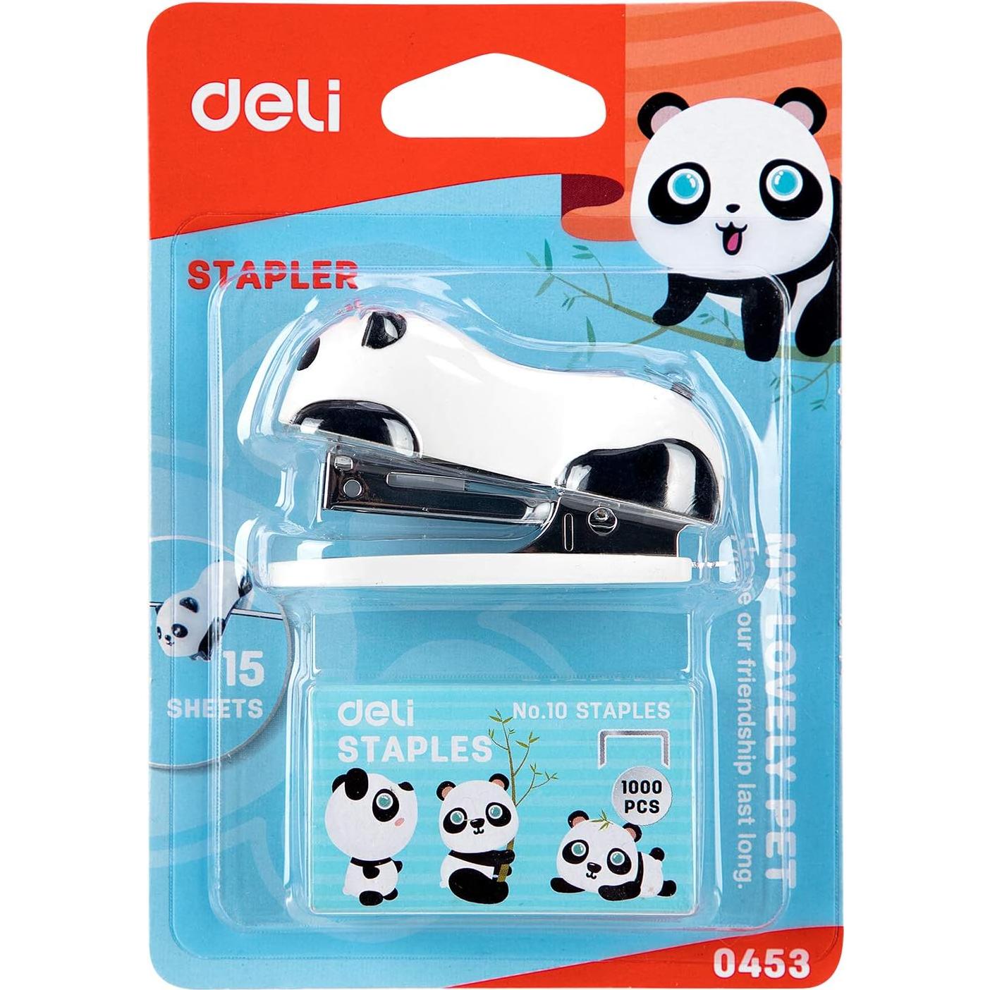 Grapadora Mini Deli Panda con 1000 Grapas No. 10 y Removedor