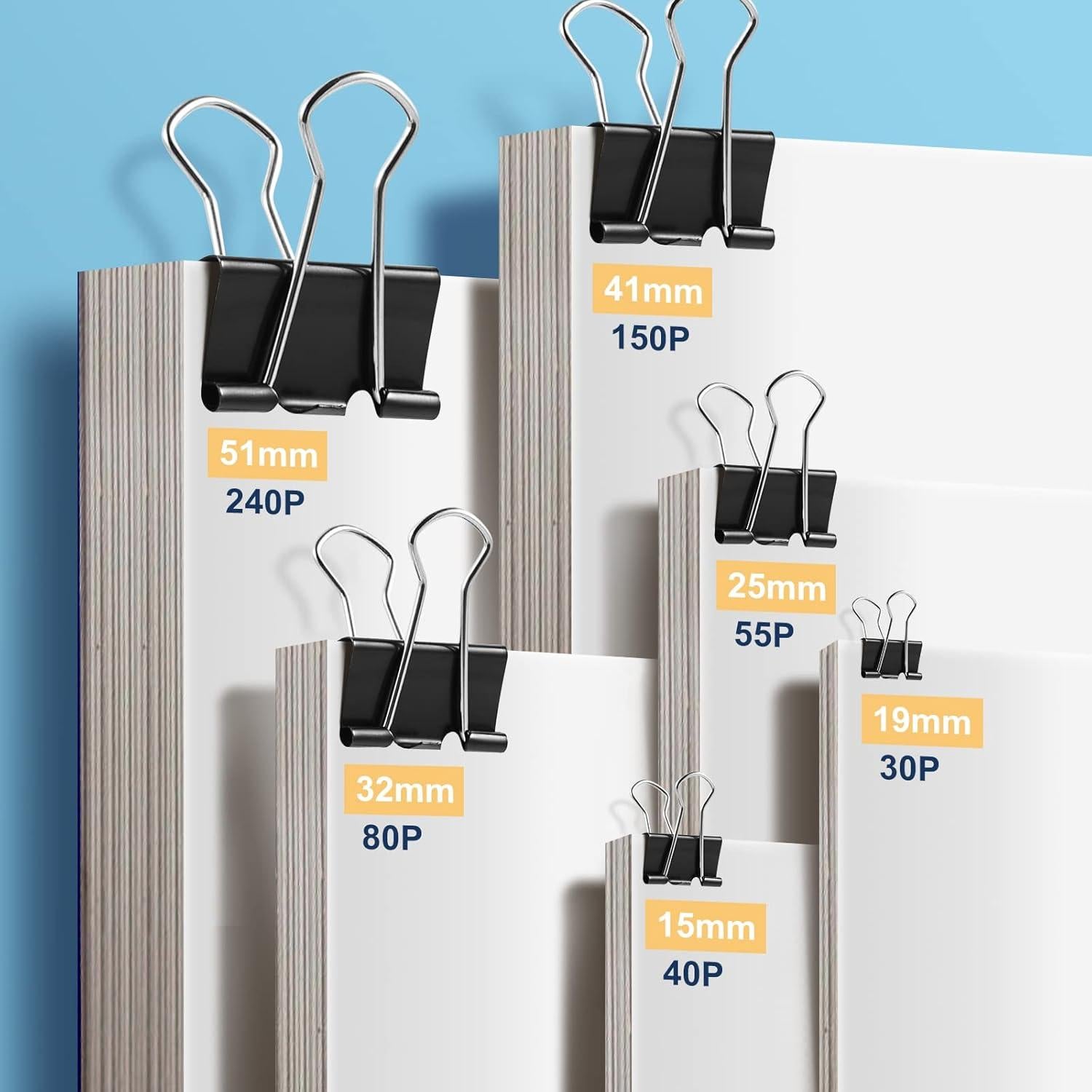 208 Clips de Carpeta de Metal EFOK en 6 Tamaños Negros