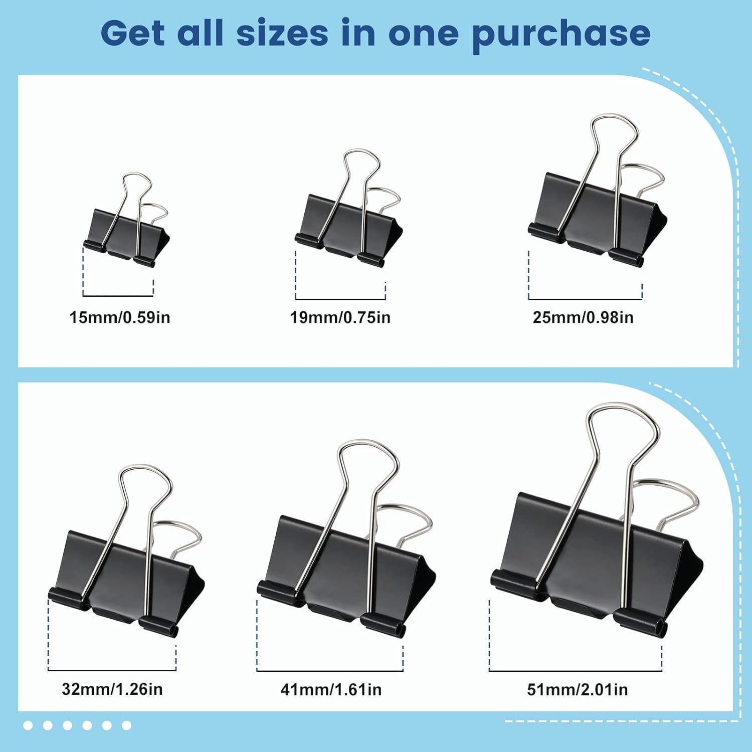 208 Clips de Carpeta de Metal EFOK en 6 Tamaños Negros