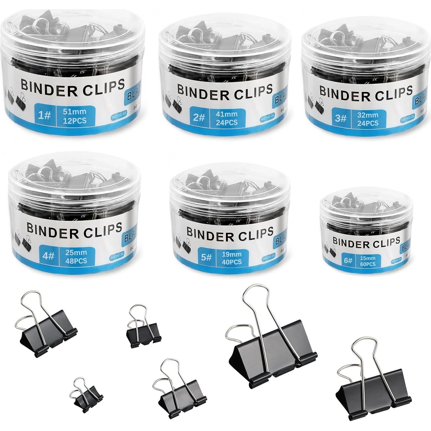 208 Clips de Carpeta de Metal EFOK en 6 Tamaños Negros