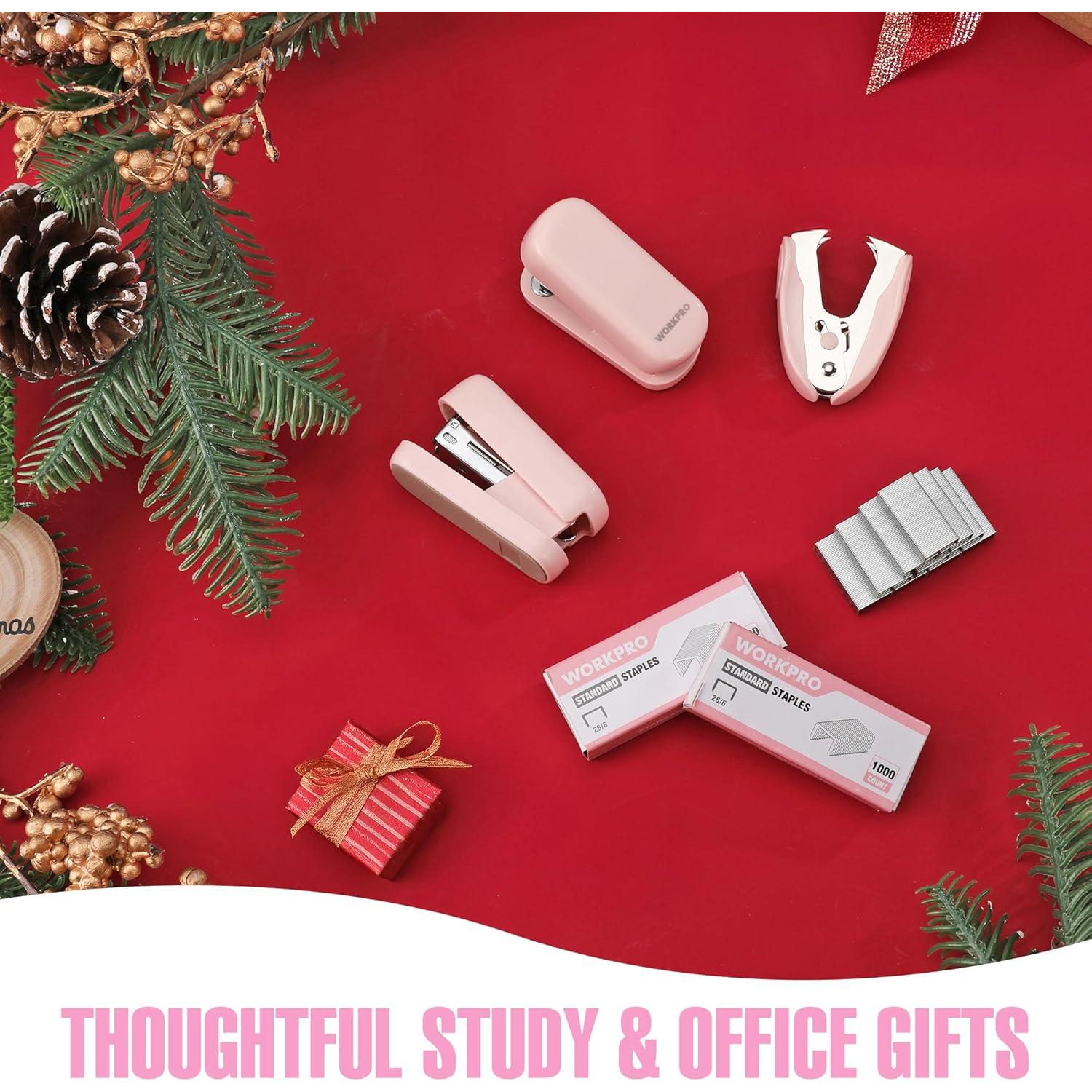 Grapadora Mini Rosa WORKPRO con 2000 Grapas y Quitagrapas