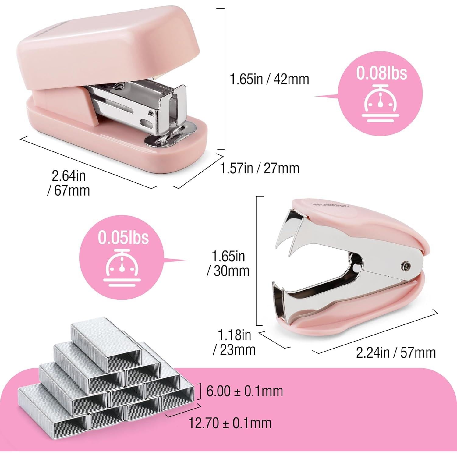 Grapadora Mini Rosa WORKPRO con 2000 Grapas y Quitagrapas