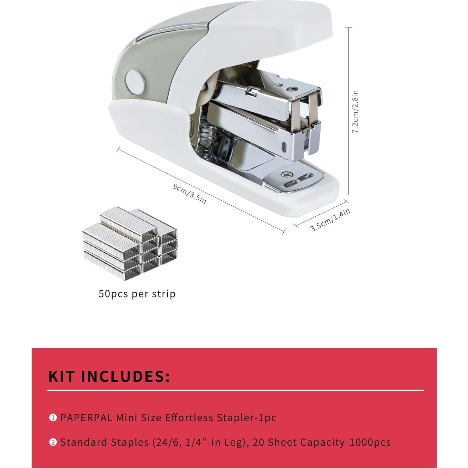 Grapadora Mini Sin Esfuerzo PAPERPAL Blanca, Capacidad 20 Hojas