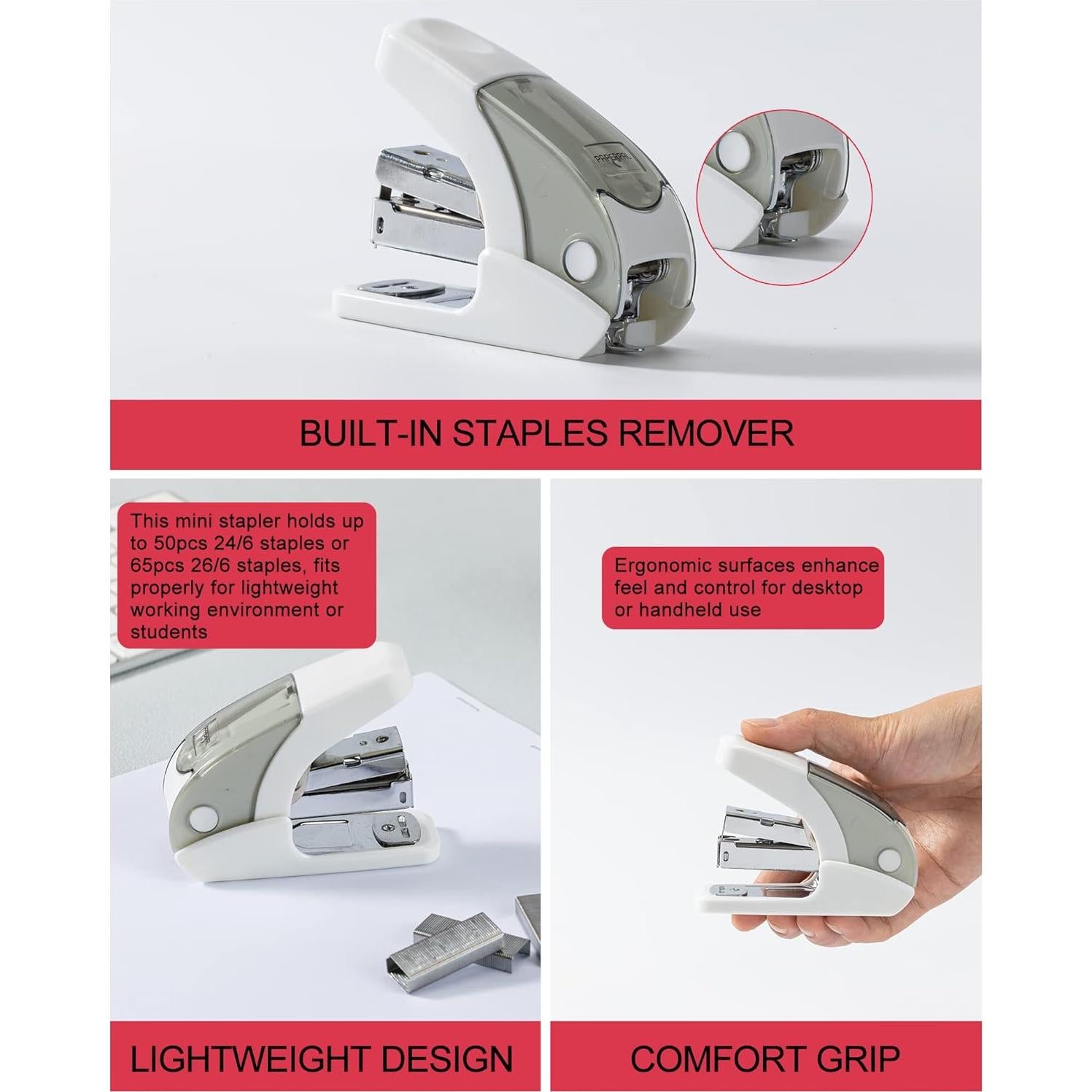 Grapadora Mini Sin Esfuerzo PAPERPAL Blanca, Capacidad 20 Hojas