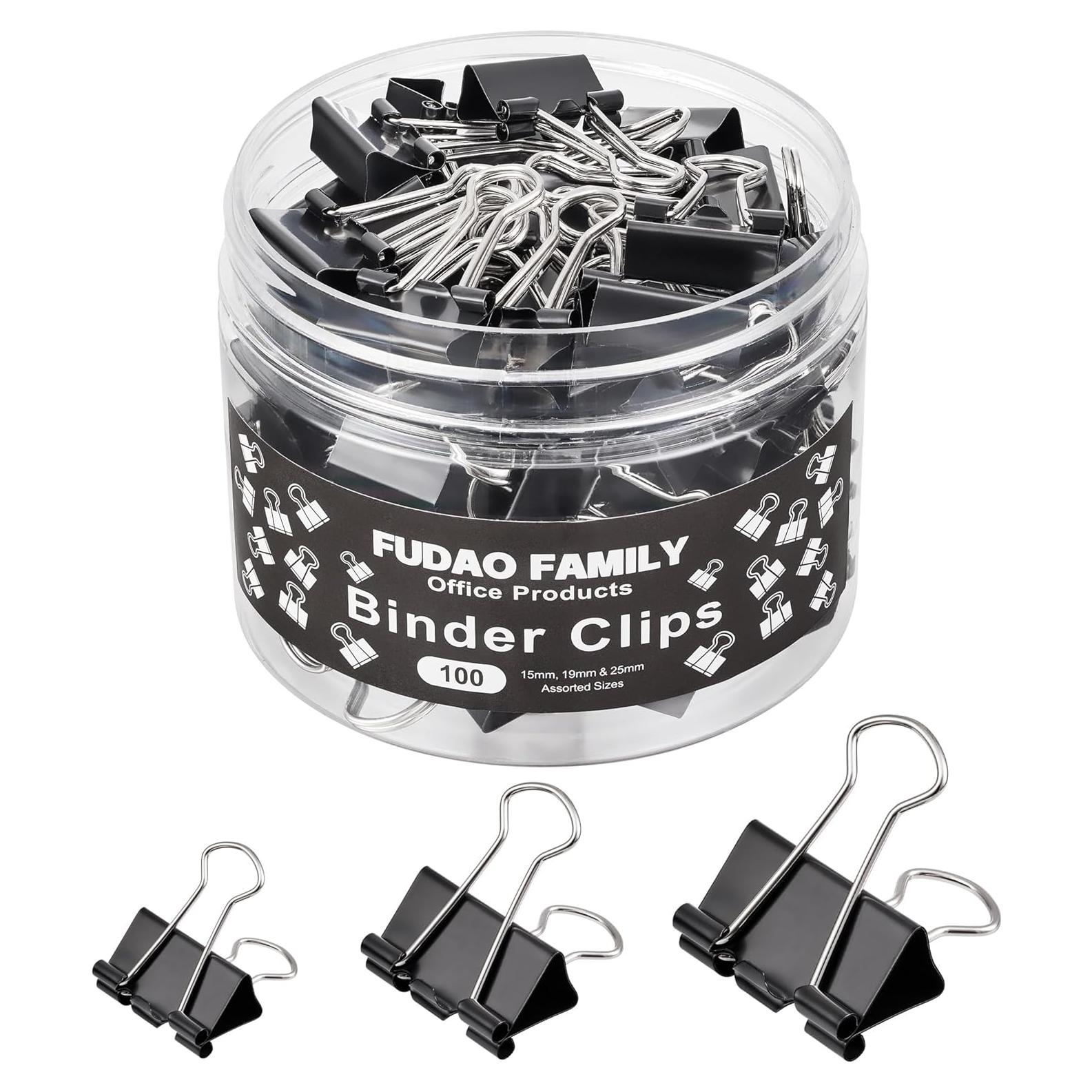100 Clips de Carpeta Negros FUDAO FAMILY - 3 Tamaños Variados