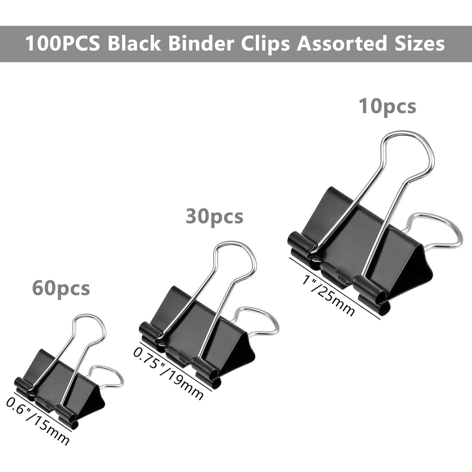 100 Clips de Carpeta Negros FUDAO FAMILY - 3 Tamaños Variados