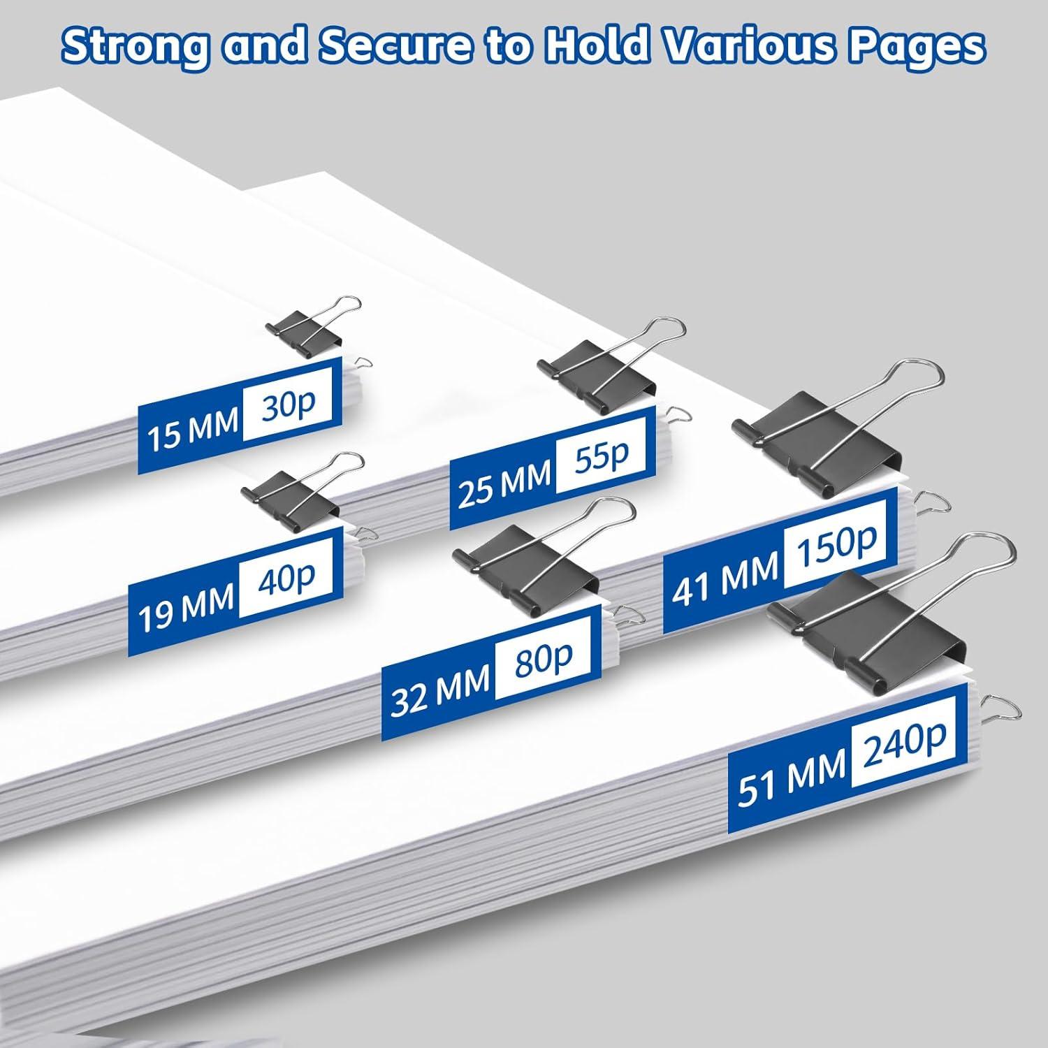 BainGesk 210 Clips de Encuadernación Metal Negro Tamaños Variados