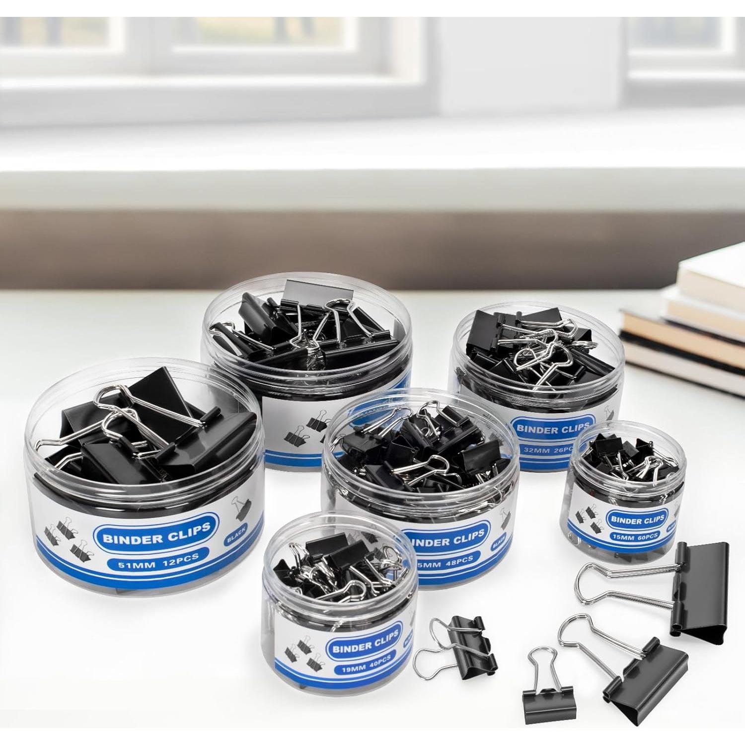 BainGesk 210 Clips de Encuadernación Metal Negro Tamaños Variados