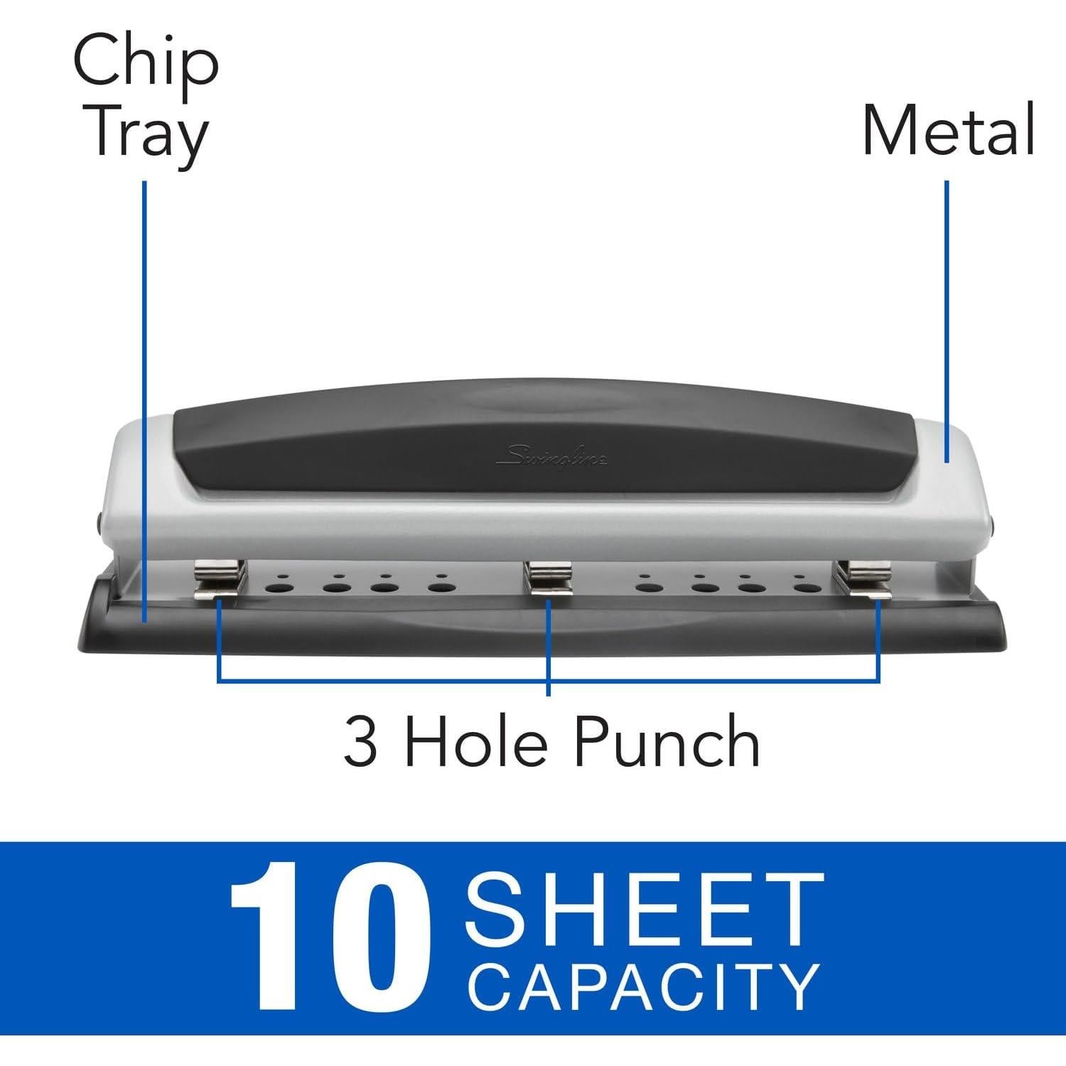 Perforadora Swingline Precision Pro 3 Agujeros 10 Hojas Metal Negro Plata