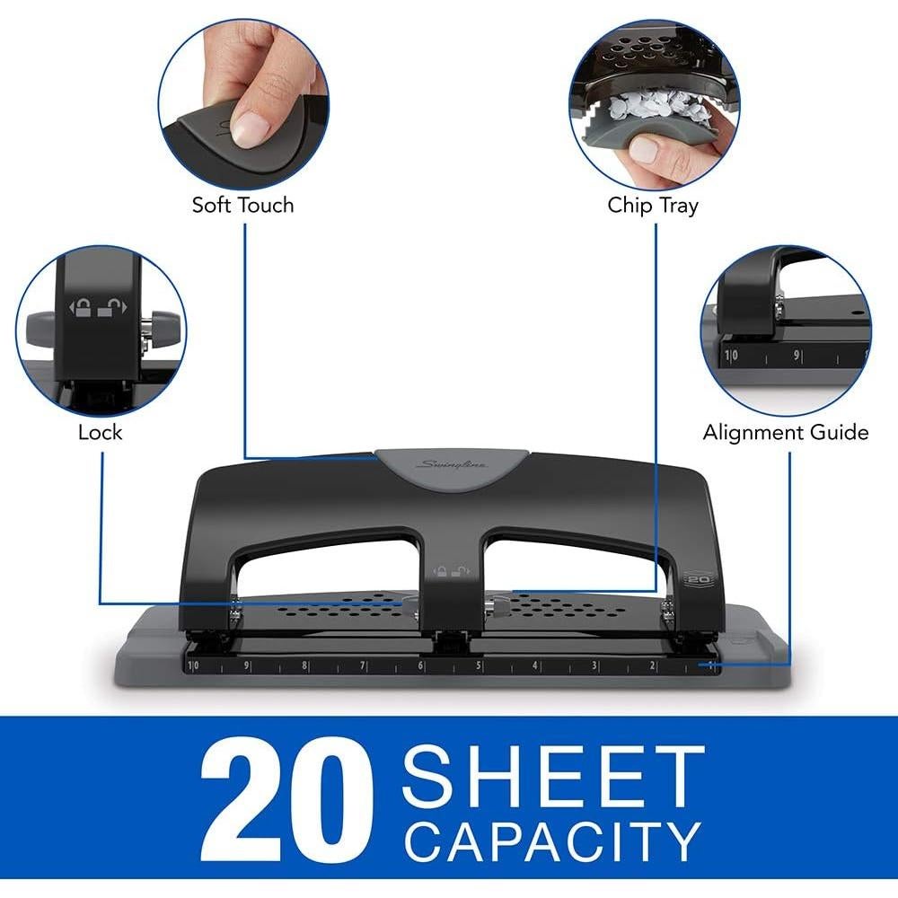 Perforadora de 3 Agujeros Swingline SmartTouch 20 Hojas Metal Negro