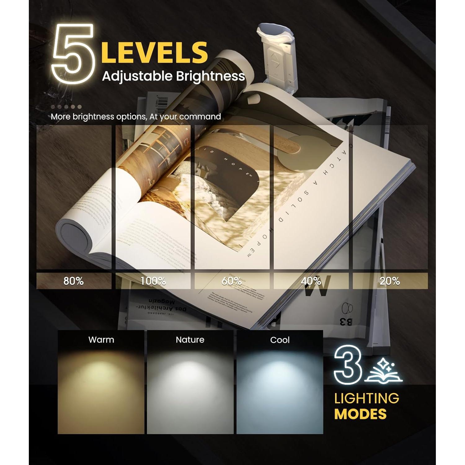 Luz de lectura recargable OPAUL LED con clip 5 niveles brillo