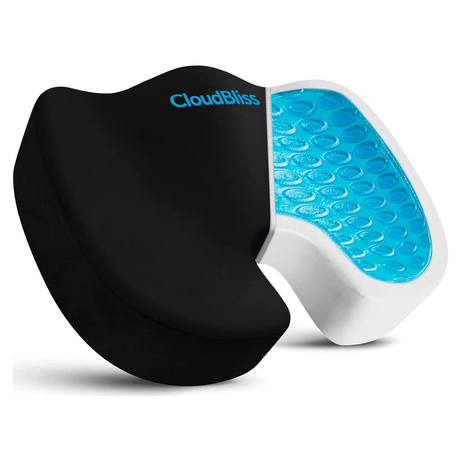 Cojín de Asiento Ergonómico CloudBliss - Gel Enfriado, Espuma Viscoelástica, Alivio Dolor Espalda, Grande Negro