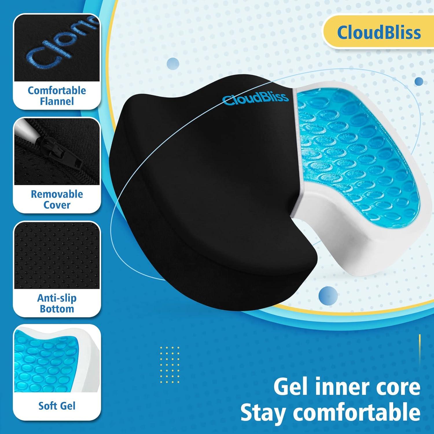 Cojín de Asiento Ergonómico CloudBliss - Gel Enfriado, Espuma Viscoelástica, Alivio Dolor Espalda, Grande Negro