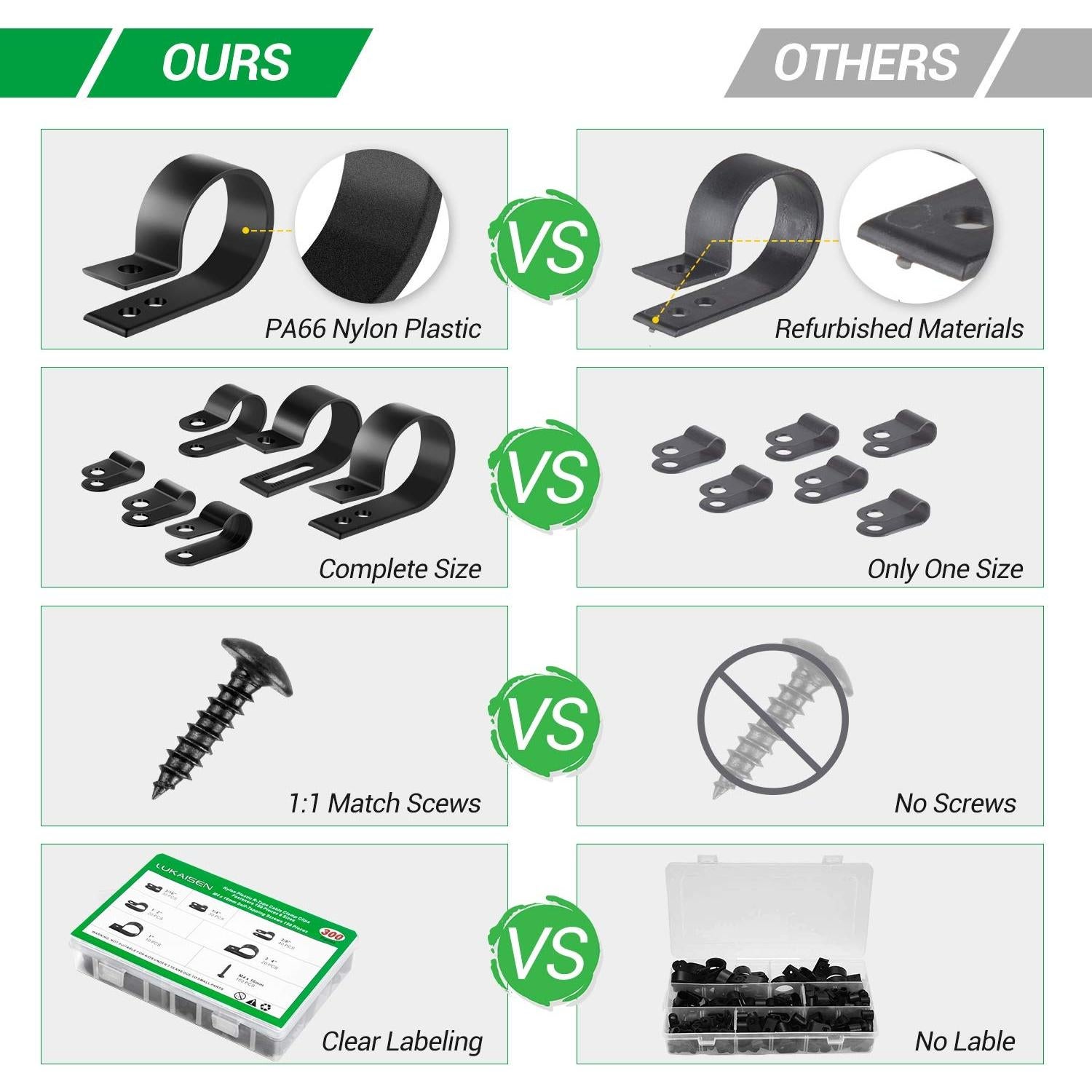 Clips de Cable Nylon LuKaiSen 300 PCS 6 Tamaños Organizador