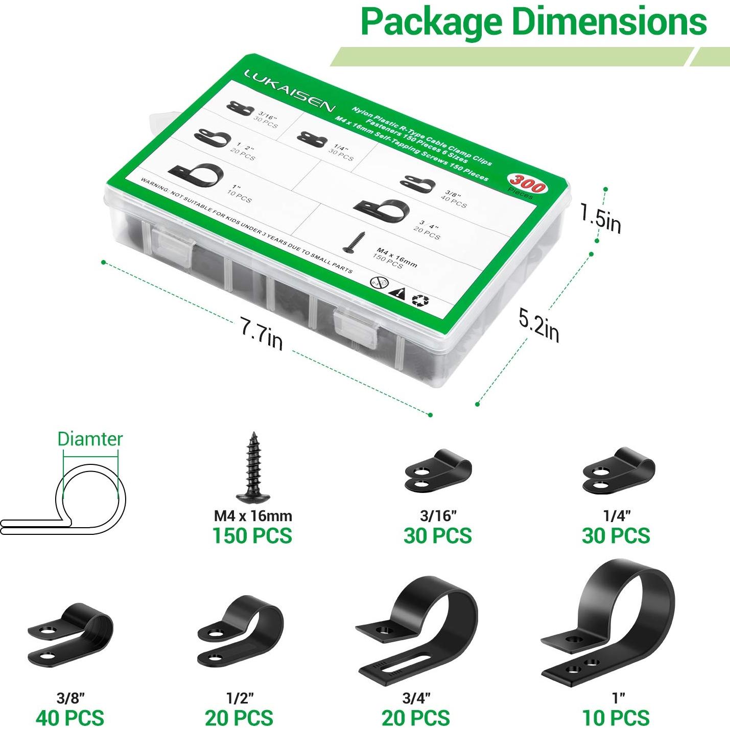 Clips de Cable Nylon LuKaiSen 300 PCS 6 Tamaños Organizador