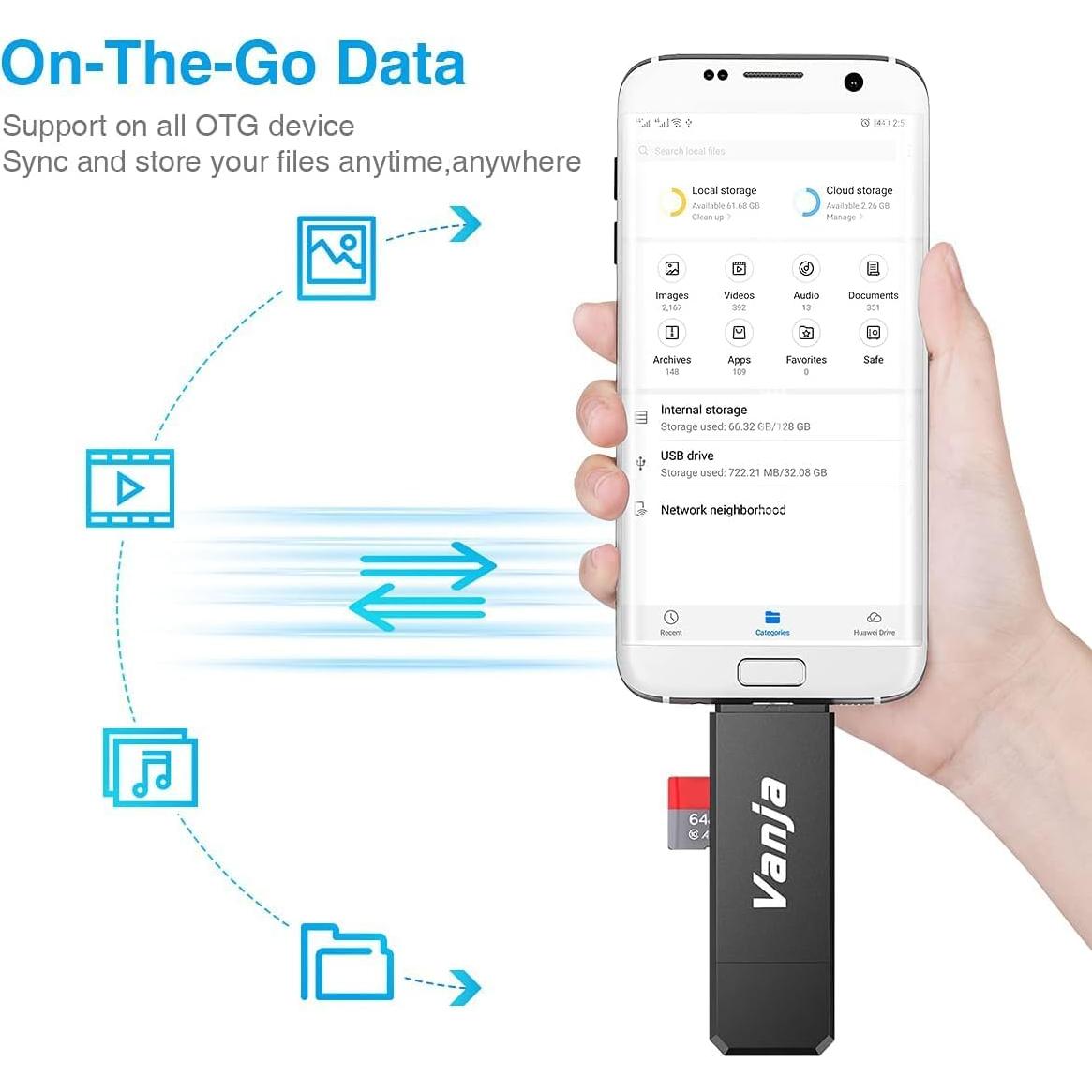 Vanja SD Card Reader, Micro USB to Micro SD Card Reader Adapter, Memory Card Reader for Android/PC/Laptop/Camera, Support TF/SDXC/SDHC/MMC/UHS-I Cards OTG Plug & Play
