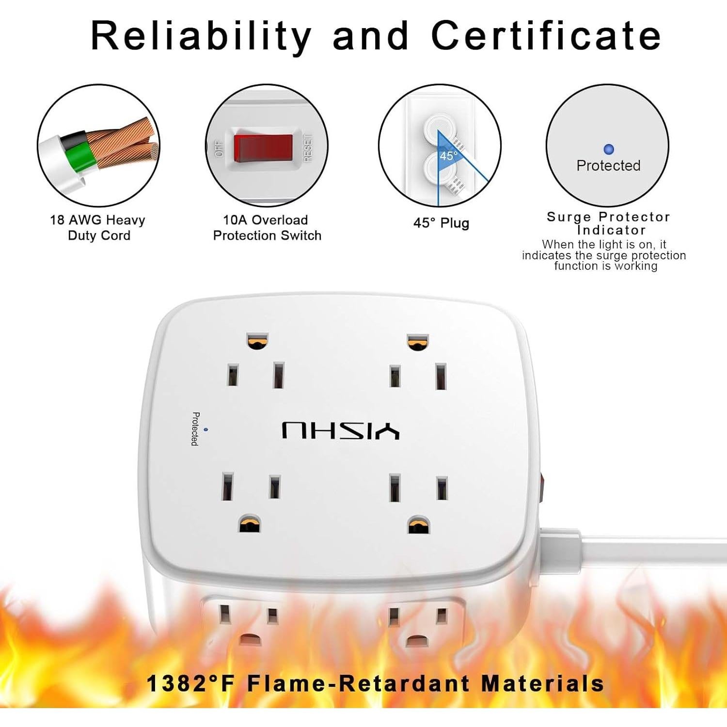 Protector de Sobretensión YISHU 8 Salidas 4 USB 6 Pies Blanco