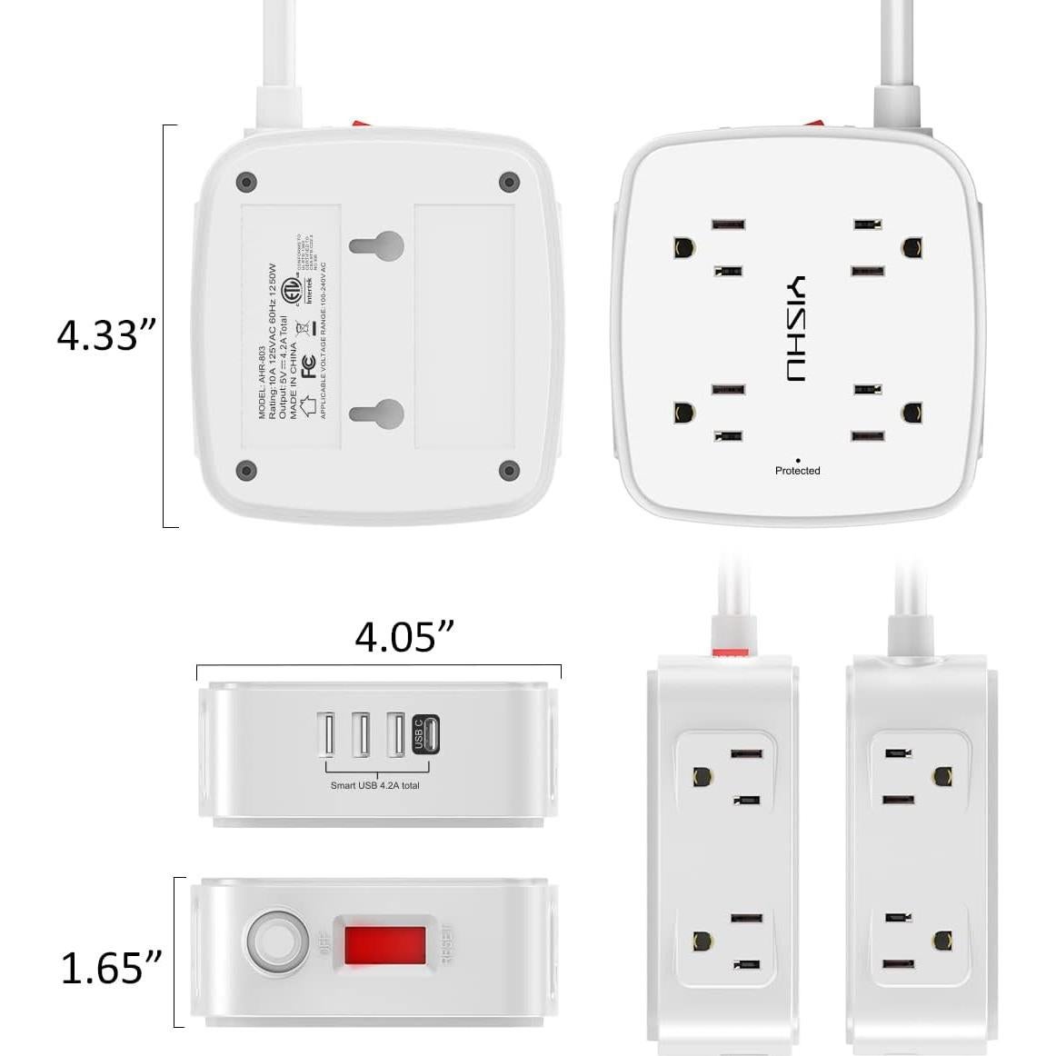 Protector de Sobretensión YISHU 8 Salidas 4 USB 6 Pies Blanco