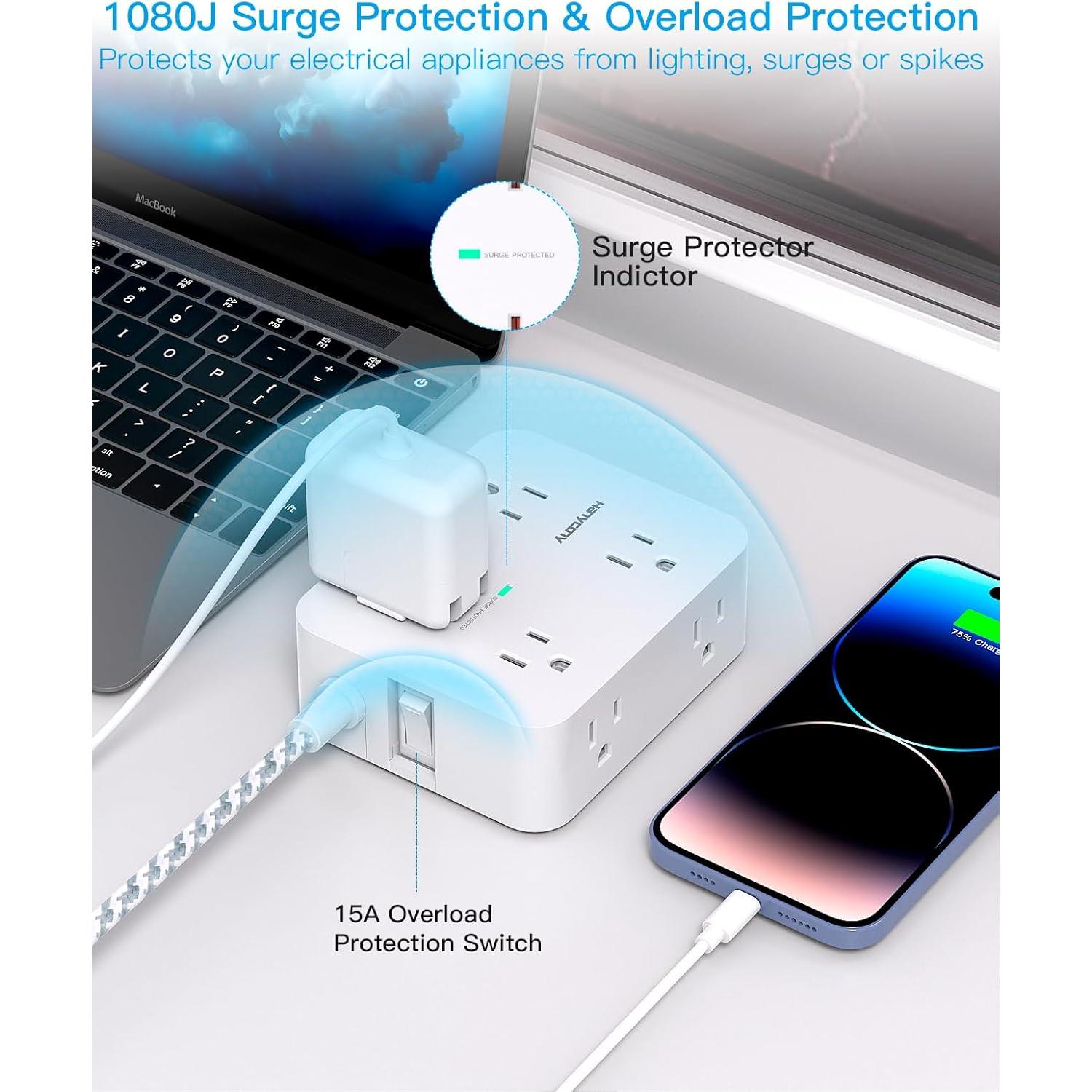 Regleta de Protección HANYCONY 8 Salidas 4 USB C 1.52m