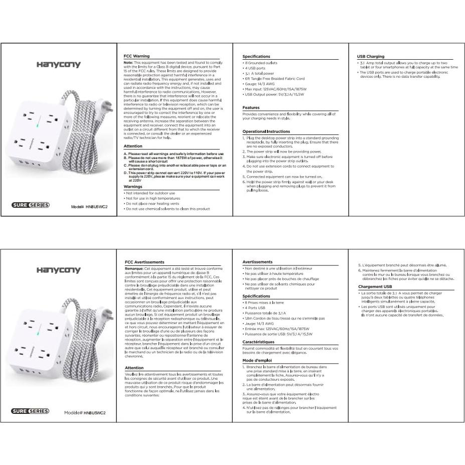 Regleta de Protección HANYCONY 8 Salidas 4 USB C 1.52m