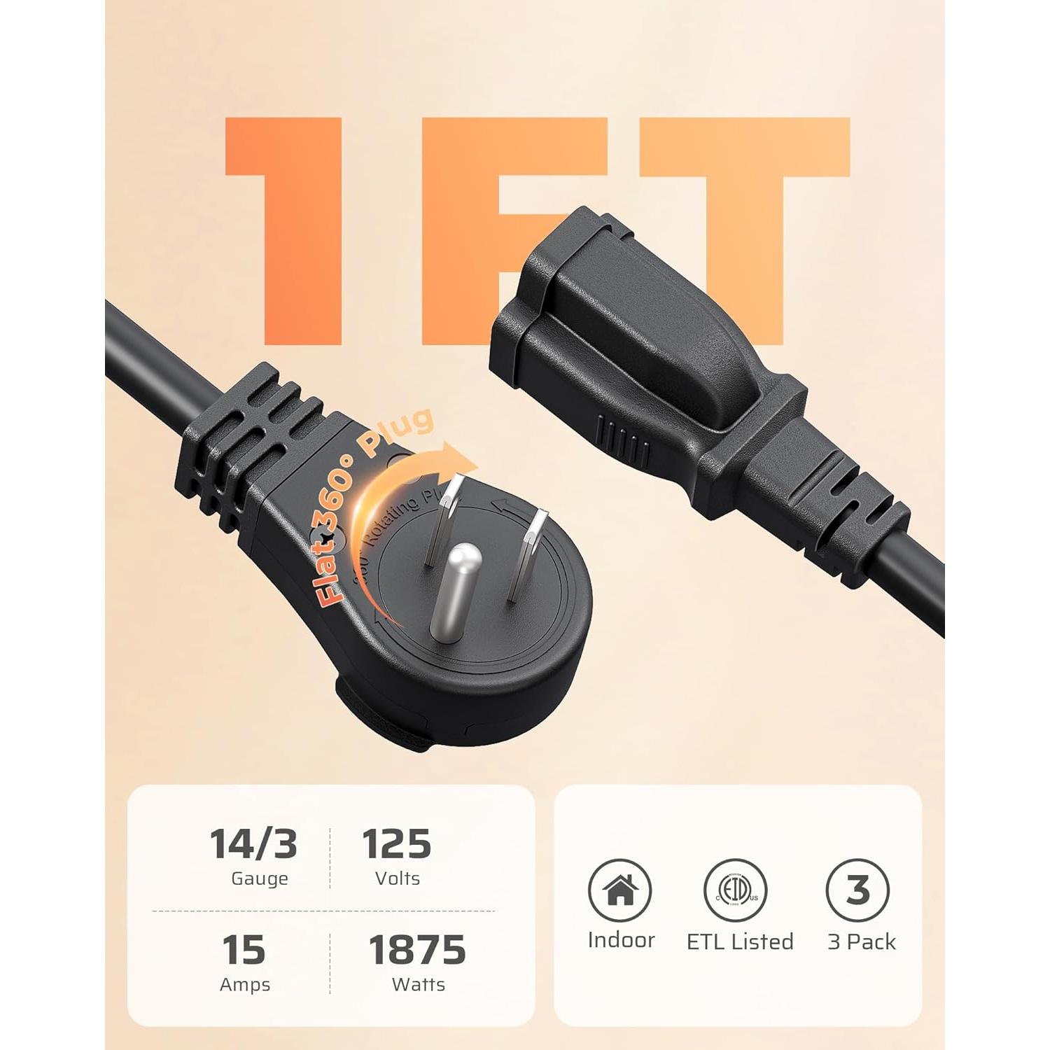 Cable de Extensión DEWENWILS 1 Pie Enchufe Plano Rotatorio 15A