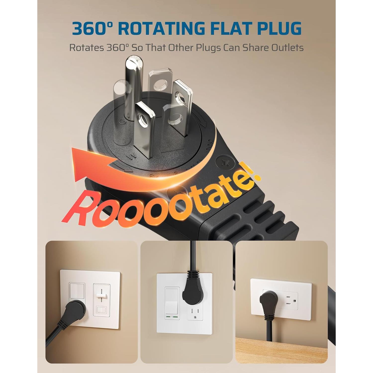 Cable de Extensión DEWENWILS 1 Pie Enchufe Plano Rotatorio 15A