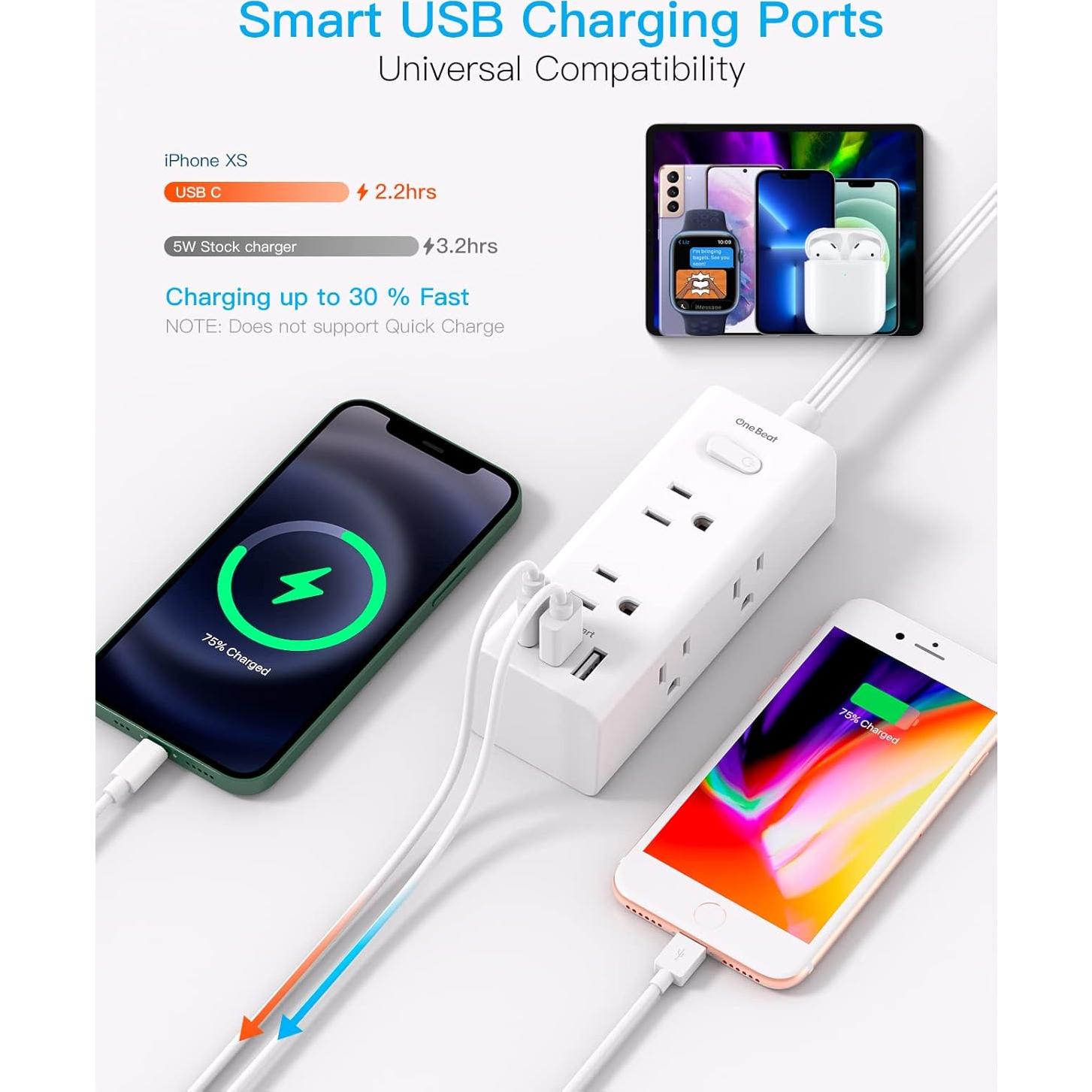 Regleta de Enchufe One Beat 10FT con 6 Salidas y 3 USB