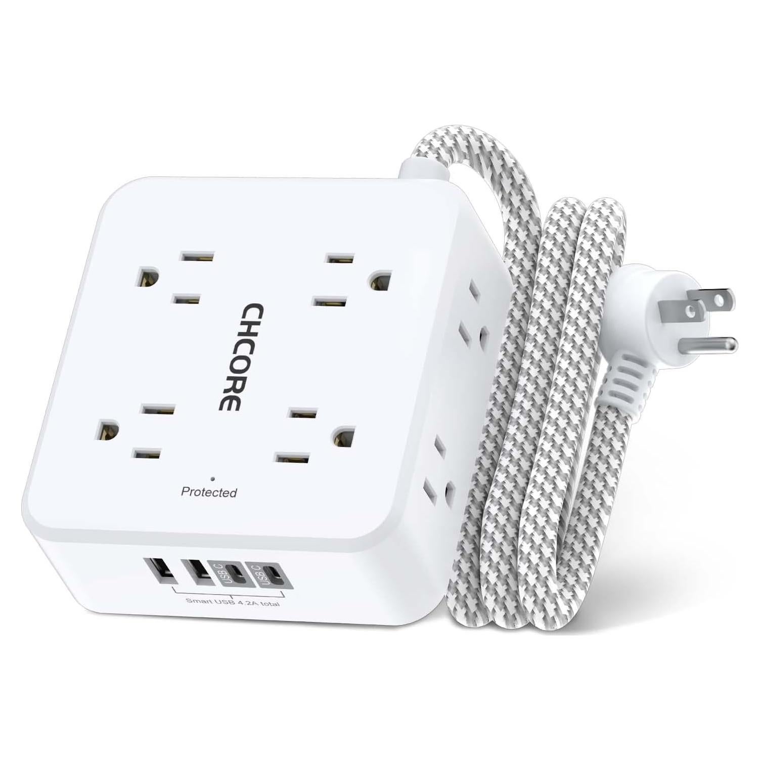 Regleta de Protección CHCORE 8 Salidas 4 USB 5 Pies Blanca