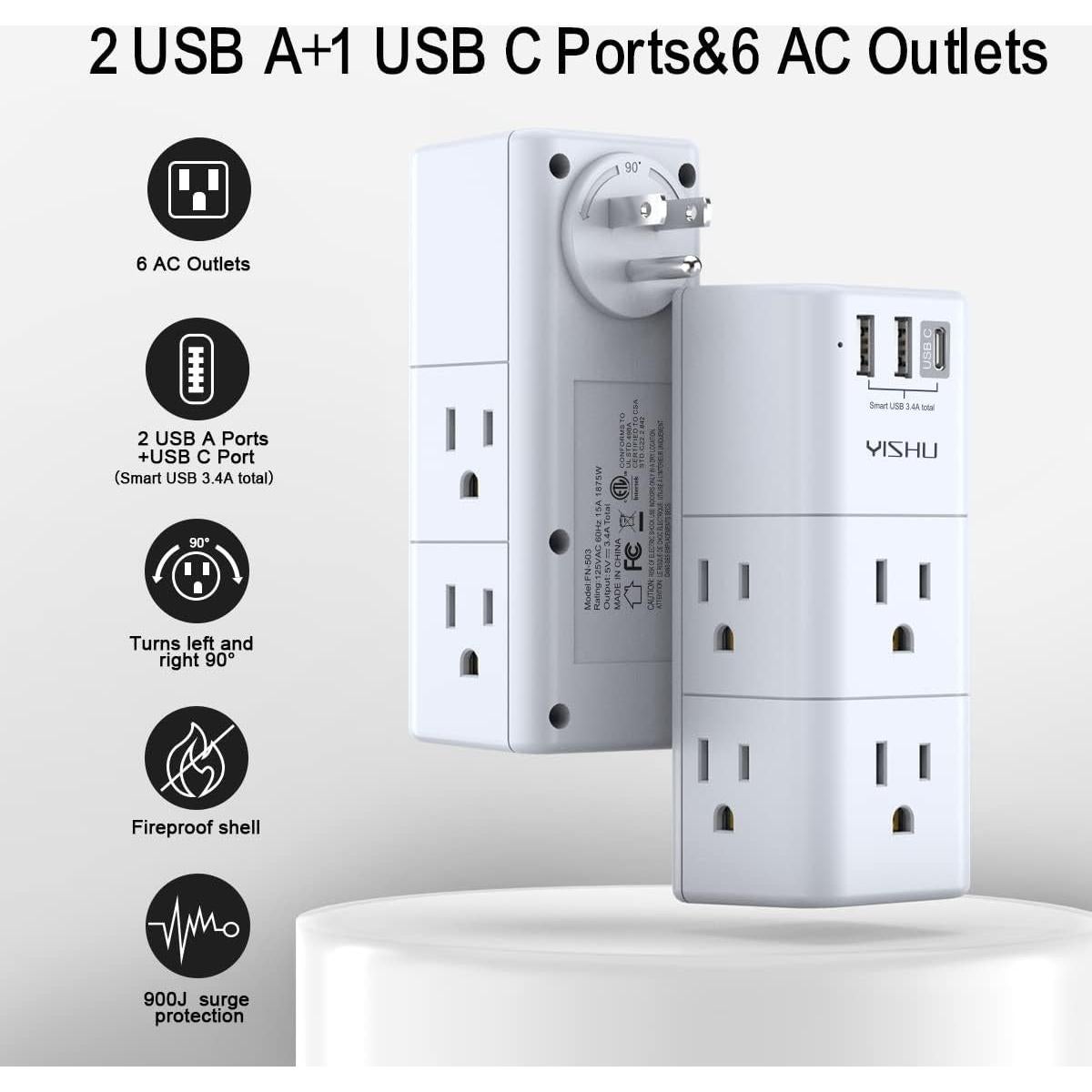 Extensor de Enchufe Múltiple YISHU 6 AC 3 USB Giratorio 90°