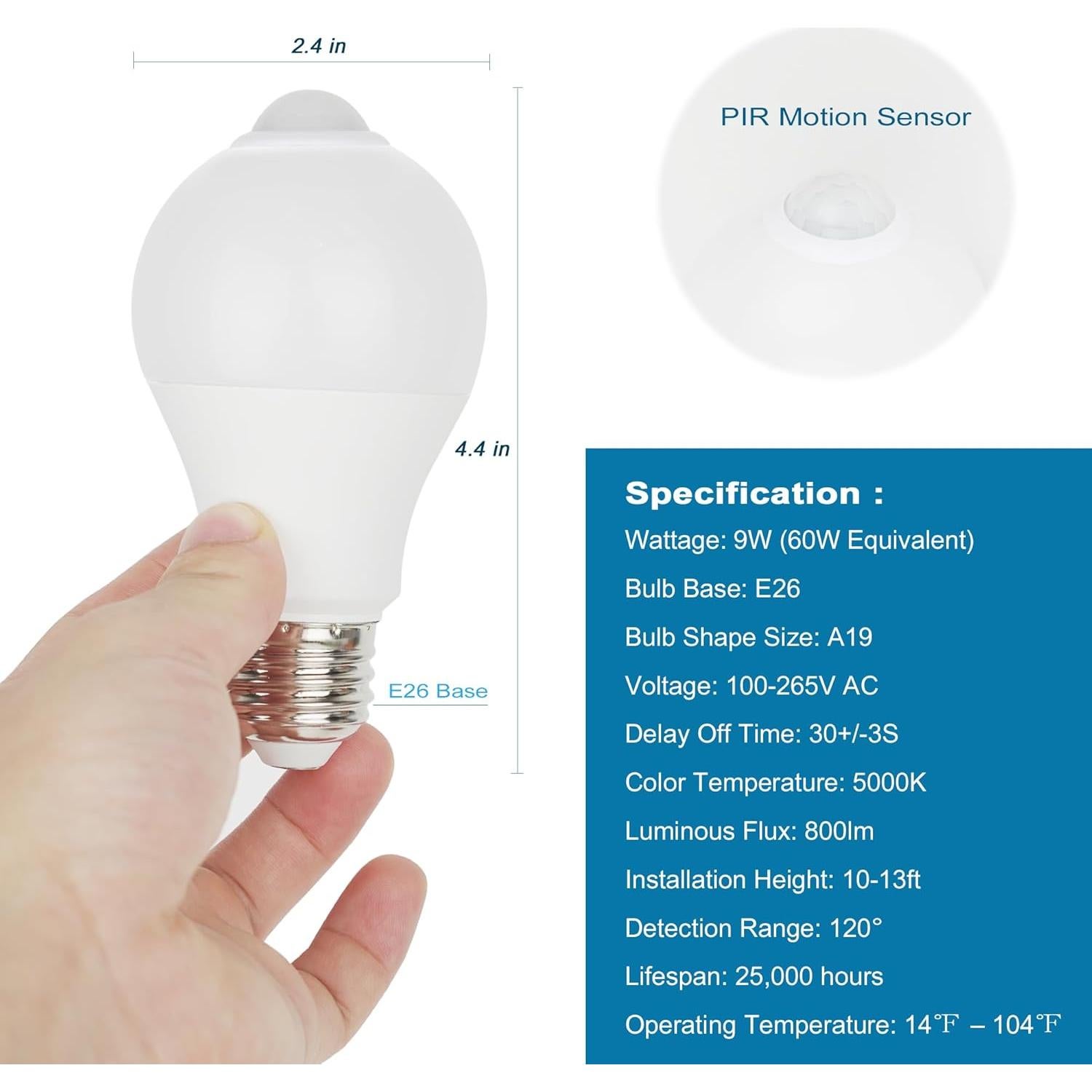 Bombillas LED E26 9W con Sensor de Movimiento 800lm 5000K (Paquete de 2)