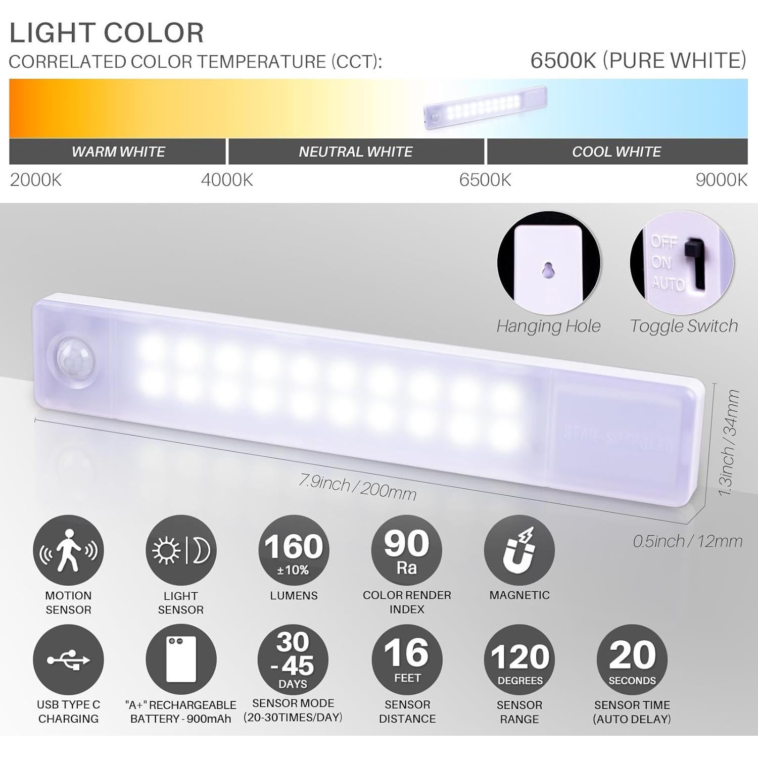 Iluminación Bajo Gabinete STAR-SPANGLED 20.32 cm LED Sensor Movimiento