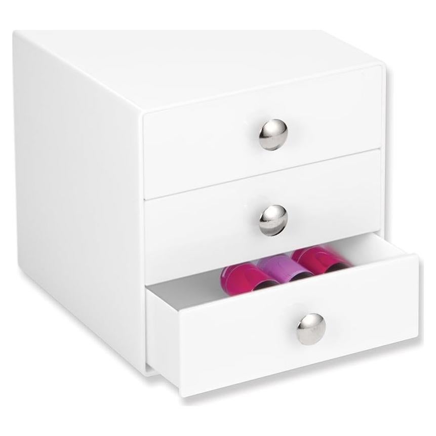 iDesign 3-Drawer Plastic Vanity Organizer, Compact Storage Organization Drawers Set for Cosmetics, Dental Supplies, Hair Care, Bathroom, Dorm, Desk, Countertop, Office, 6.5" x 6.5" x 6.5", White