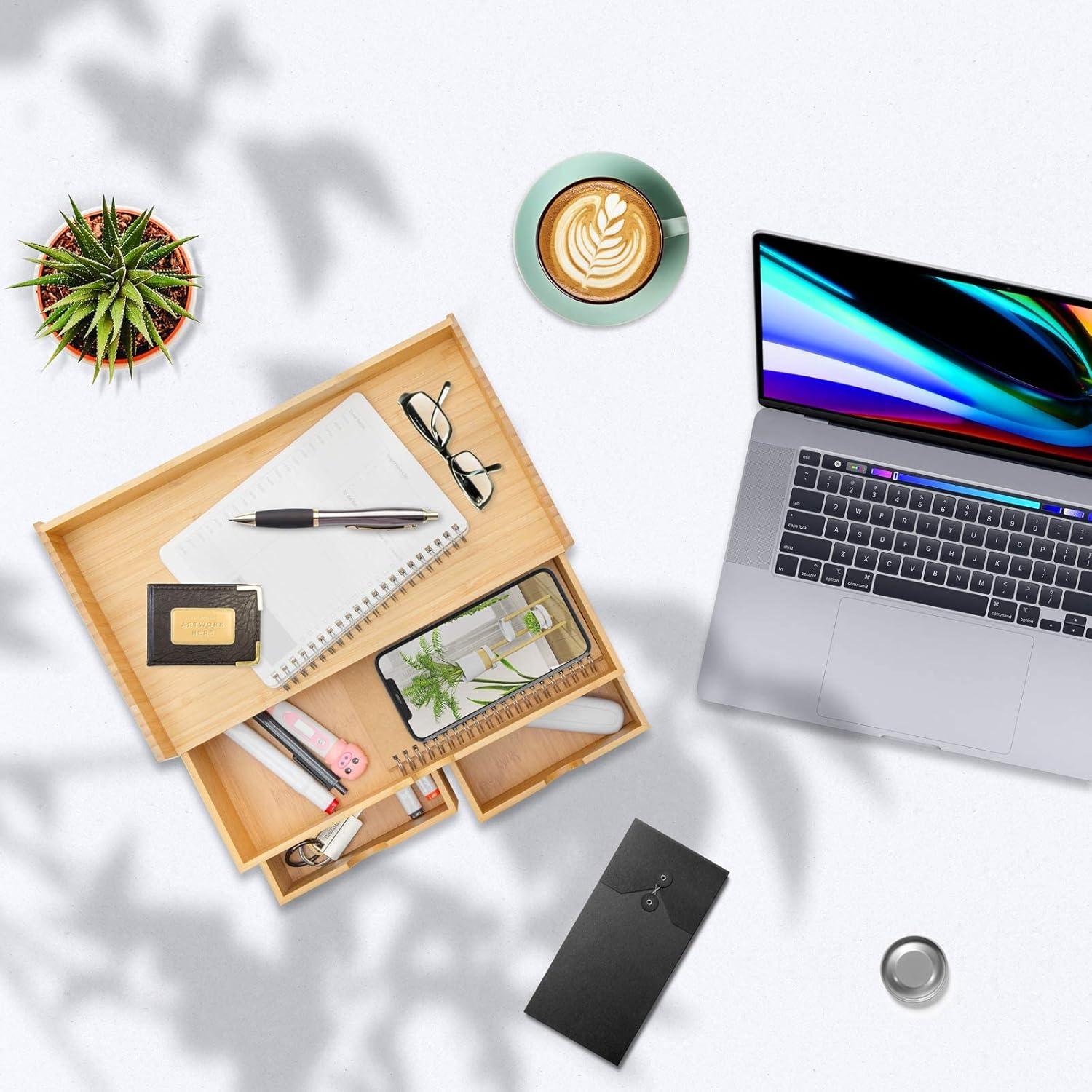 Organizador de Escritorio Wisuce de Bambú con 3 Cajones y Estante