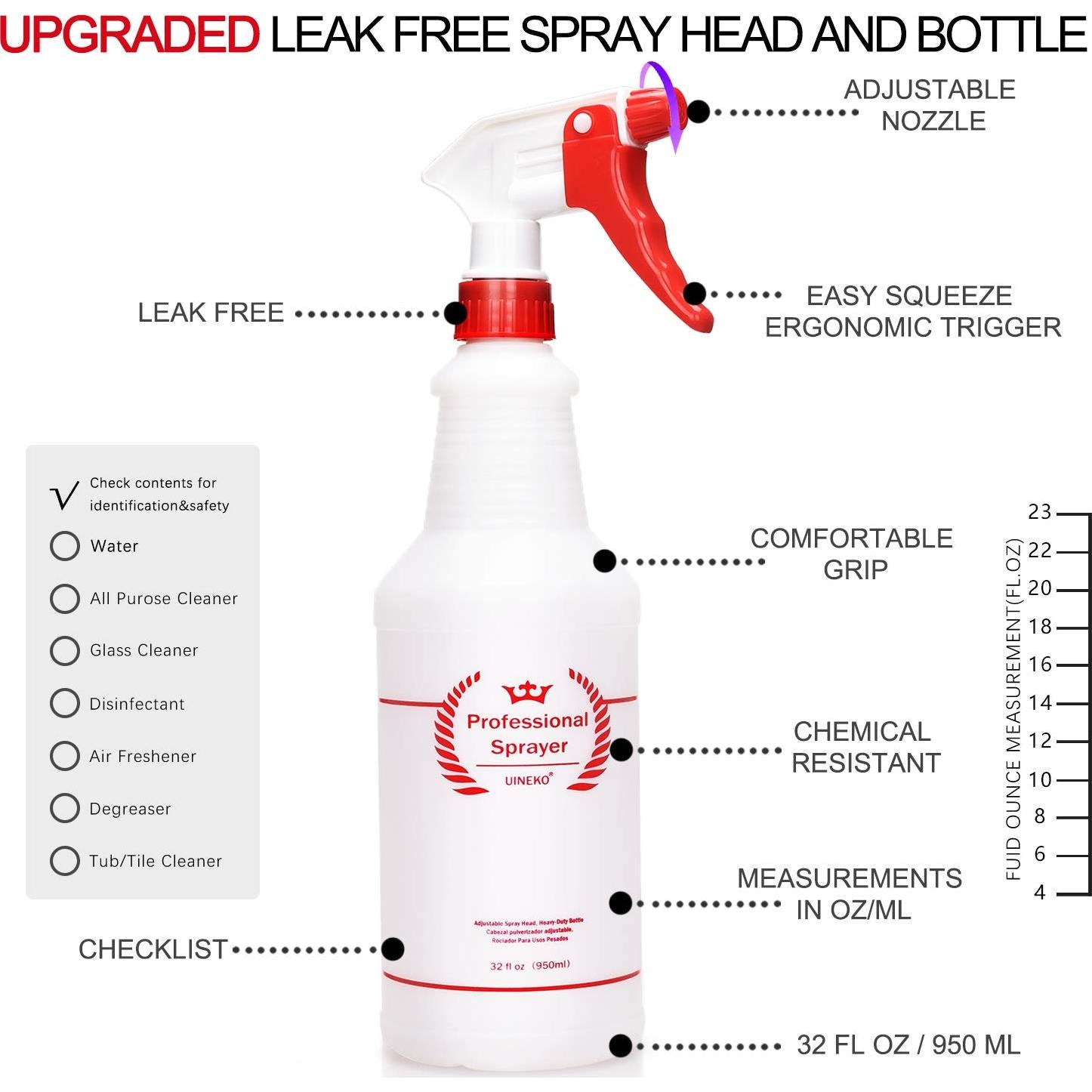 Botellas de Spray de Plástico Uineko 950 ml 4 Piezas Rojo