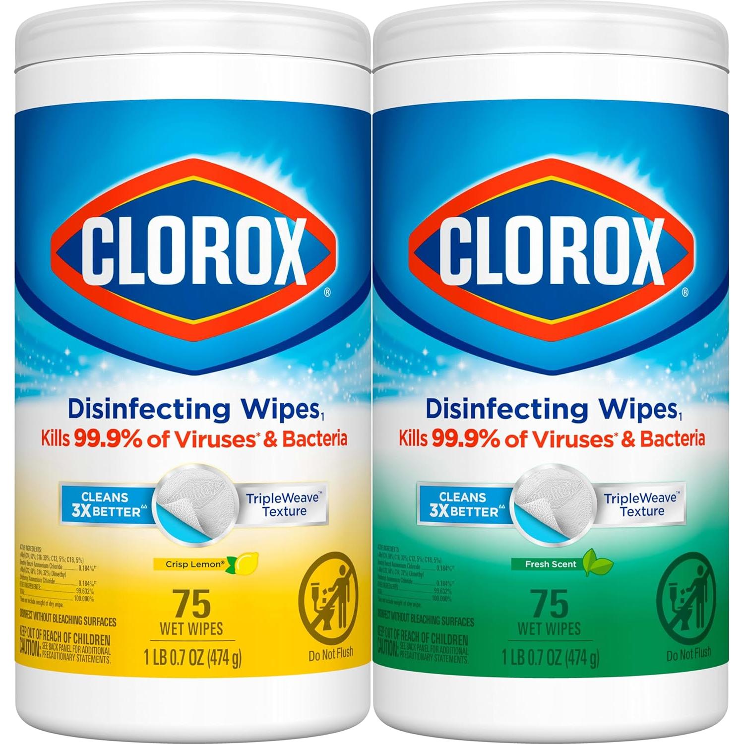 Toallitas Desinfectantes Clorox 75 Conteo x2 Sin Blanqueador