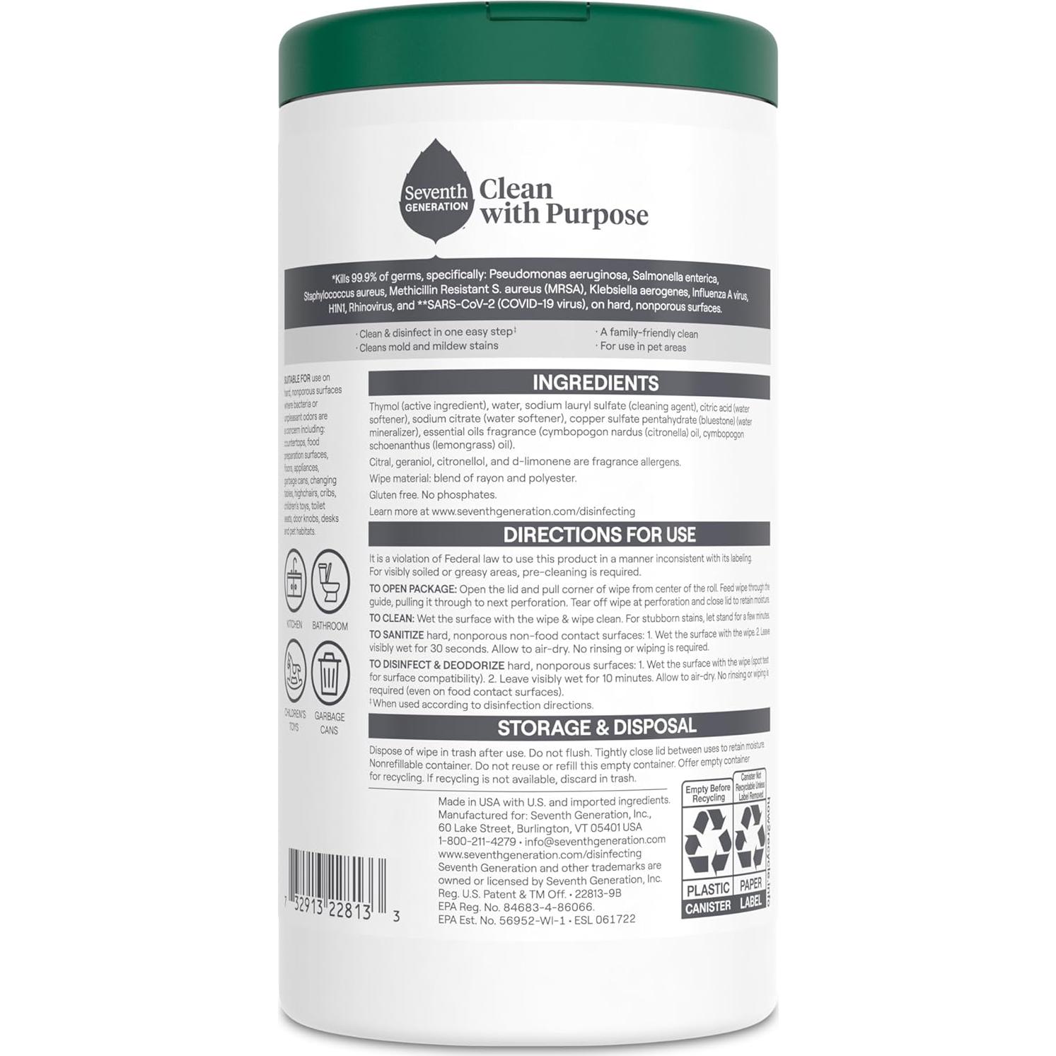 Toallitas Desinfectantes Seventh Generation 70 Unidades Cítricos