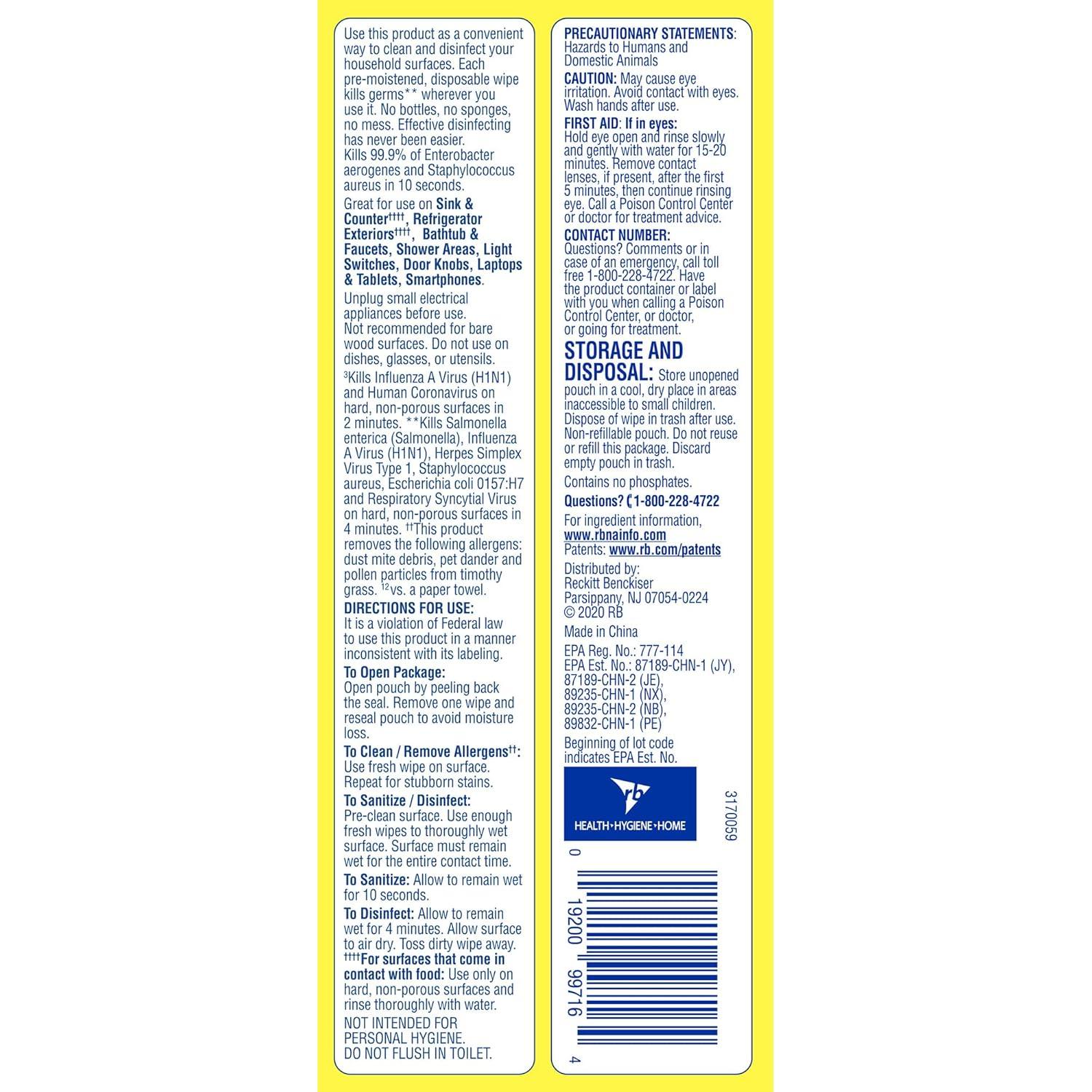 Toallitas Desinfectantes Lysol Limón y Lima 80 Unidades