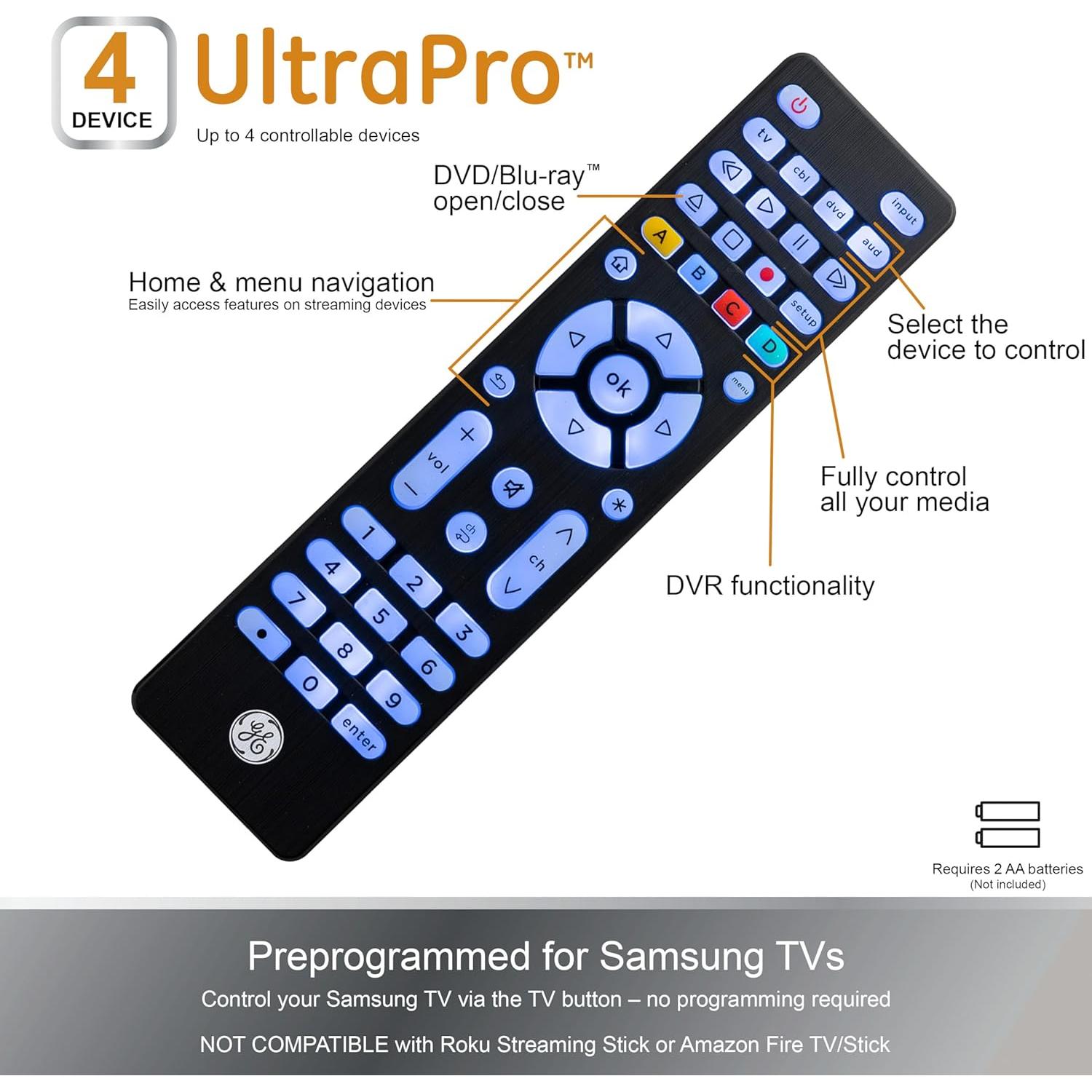 Control Remoto Universal GE 4 Dispositivos Retroiluminado Negro