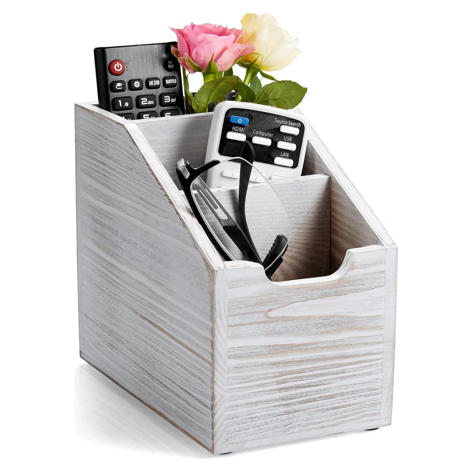 Soporte para Control Remoto BWODYAY 3 Compartimentos Madera Blanco Rústico