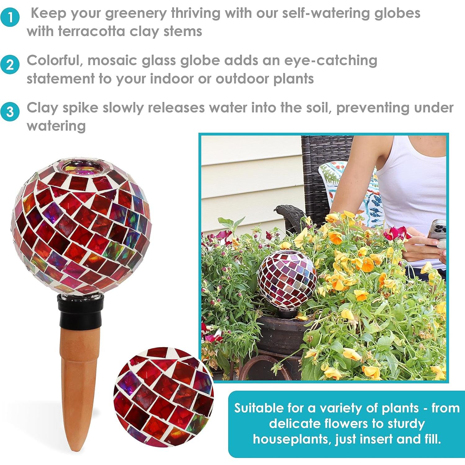 Globo de Riego de Vidrio Mosaico Sunnydaze 24.1 cm Magenta