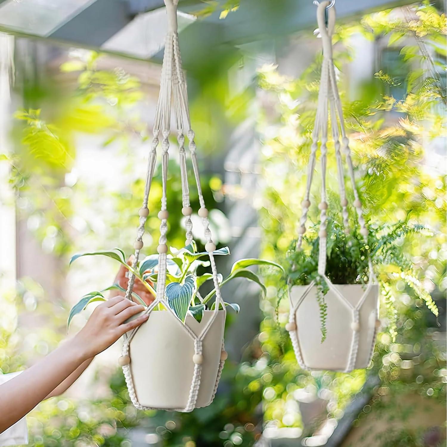 Juego de 2 colgadores de plantas LEWESU 89 cm marfil macramé