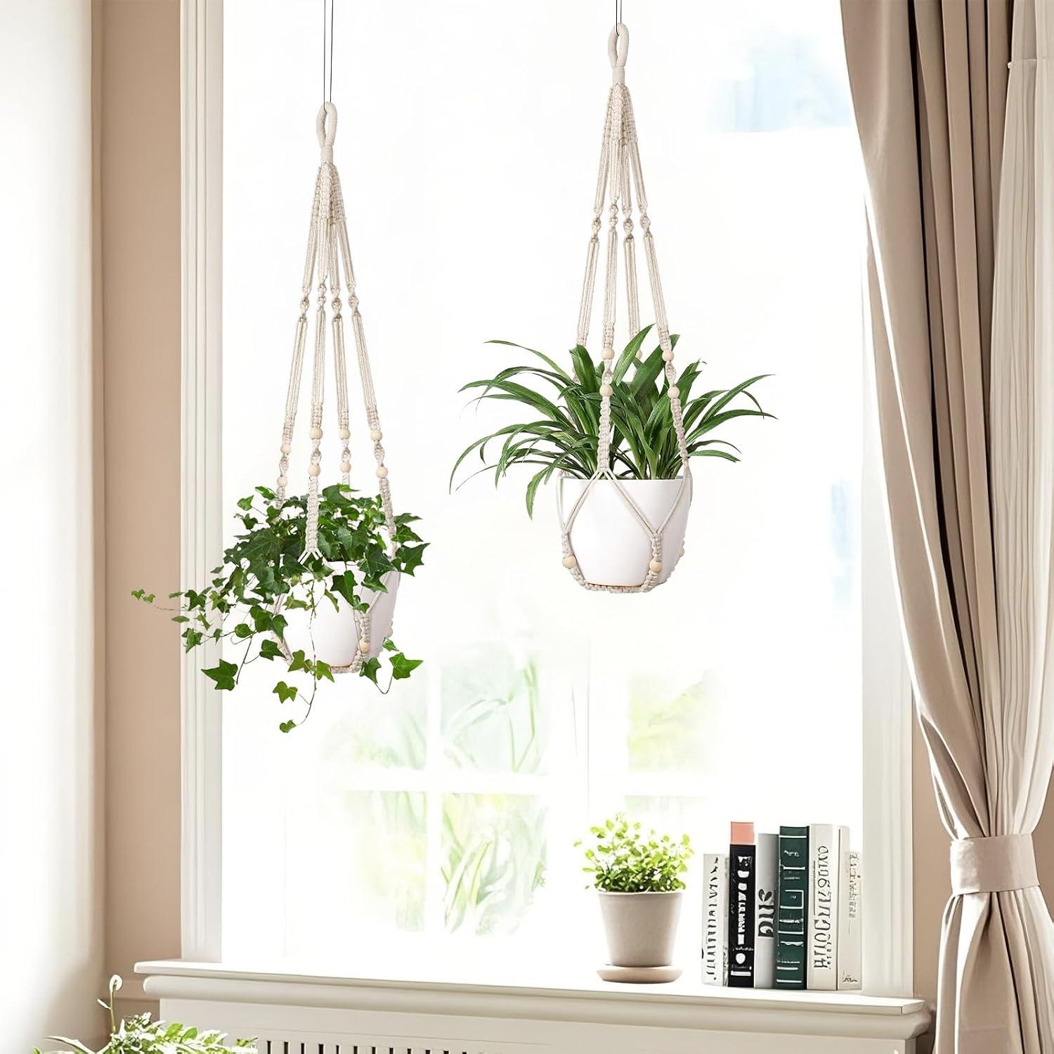 Juego de 2 colgadores de plantas LEWESU 89 cm marfil macramé