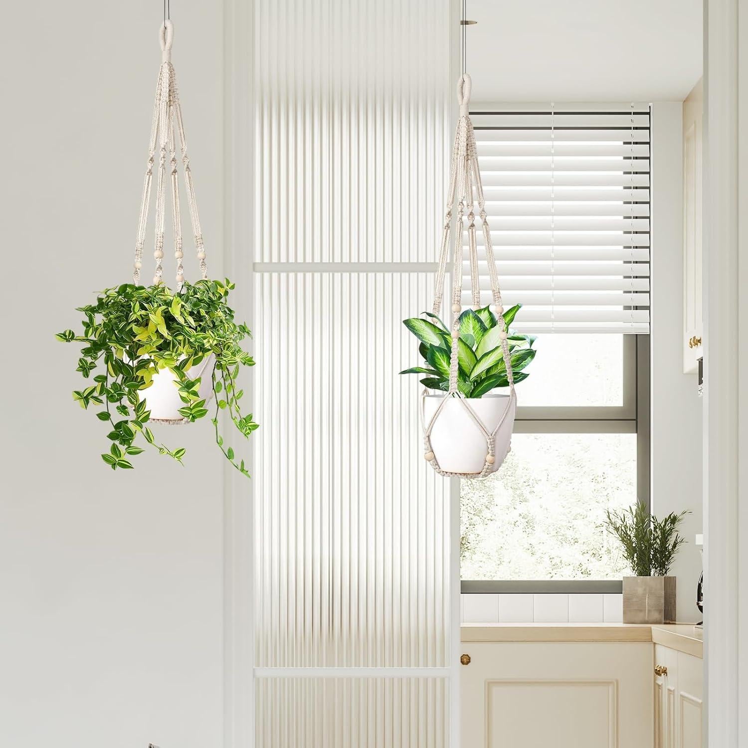 Juego de 2 colgadores de plantas LEWESU 89 cm marfil macramé