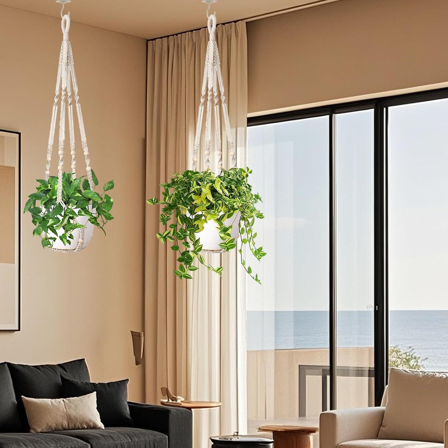 Juego de 2 colgadores de plantas LEWESU 89 cm marfil macramé